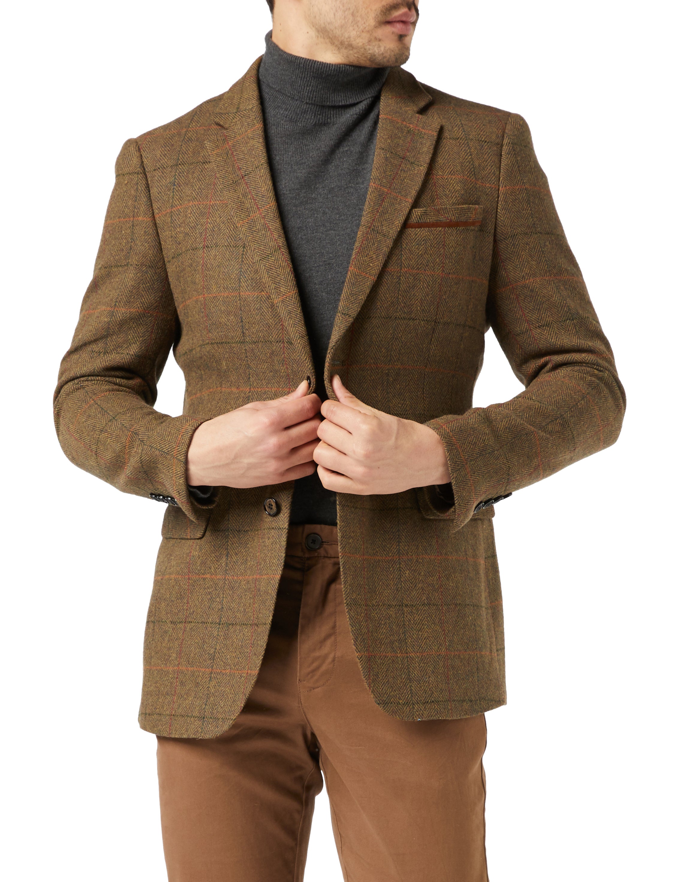 Mens Tweed Blazer Jacket Classic Retro Tan Oak Herringbone Checks Tailored Fit