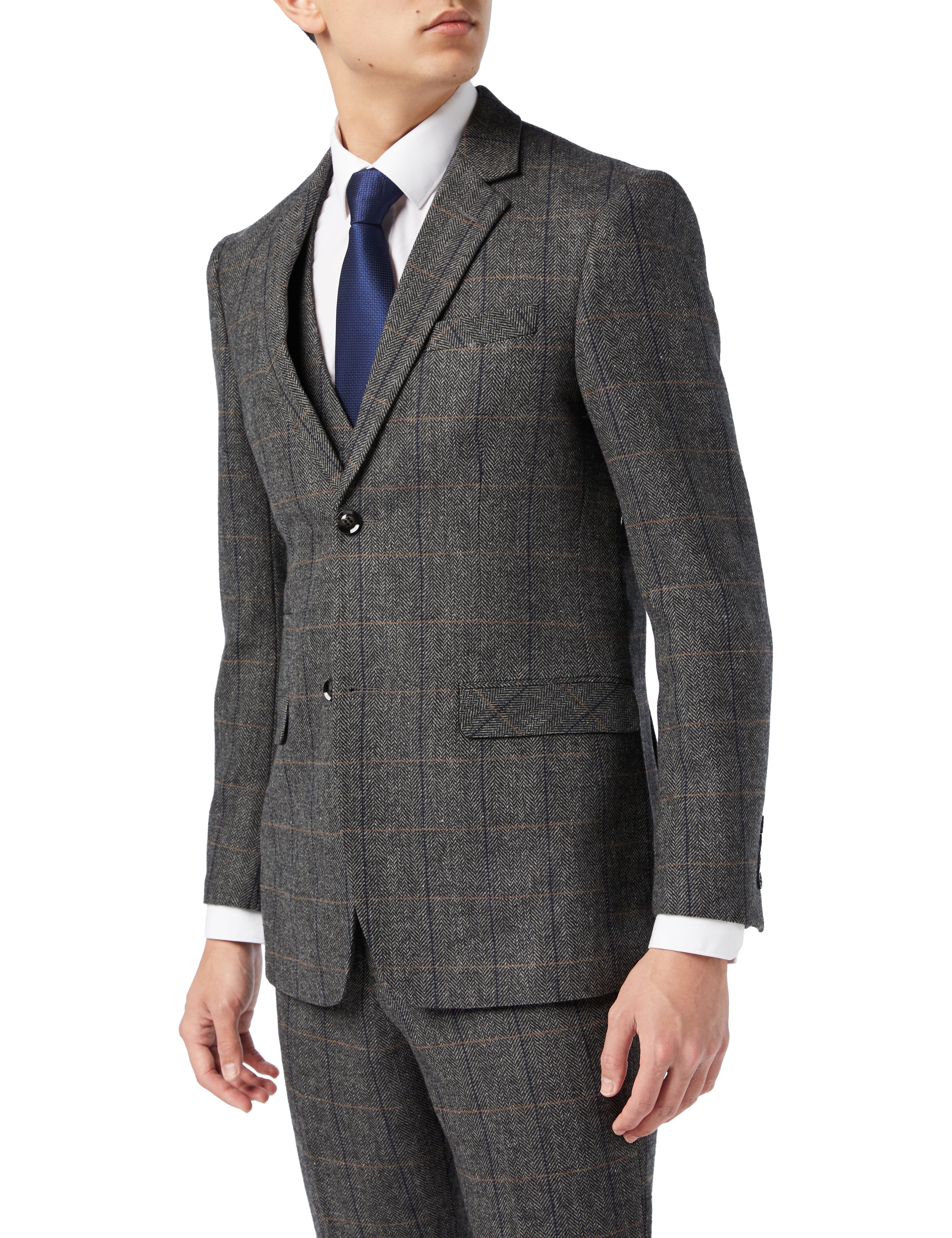 Mens 3 Piece Grey Tweed Suit Herringbone Check Vintage Peaky Blinders Slim Fit