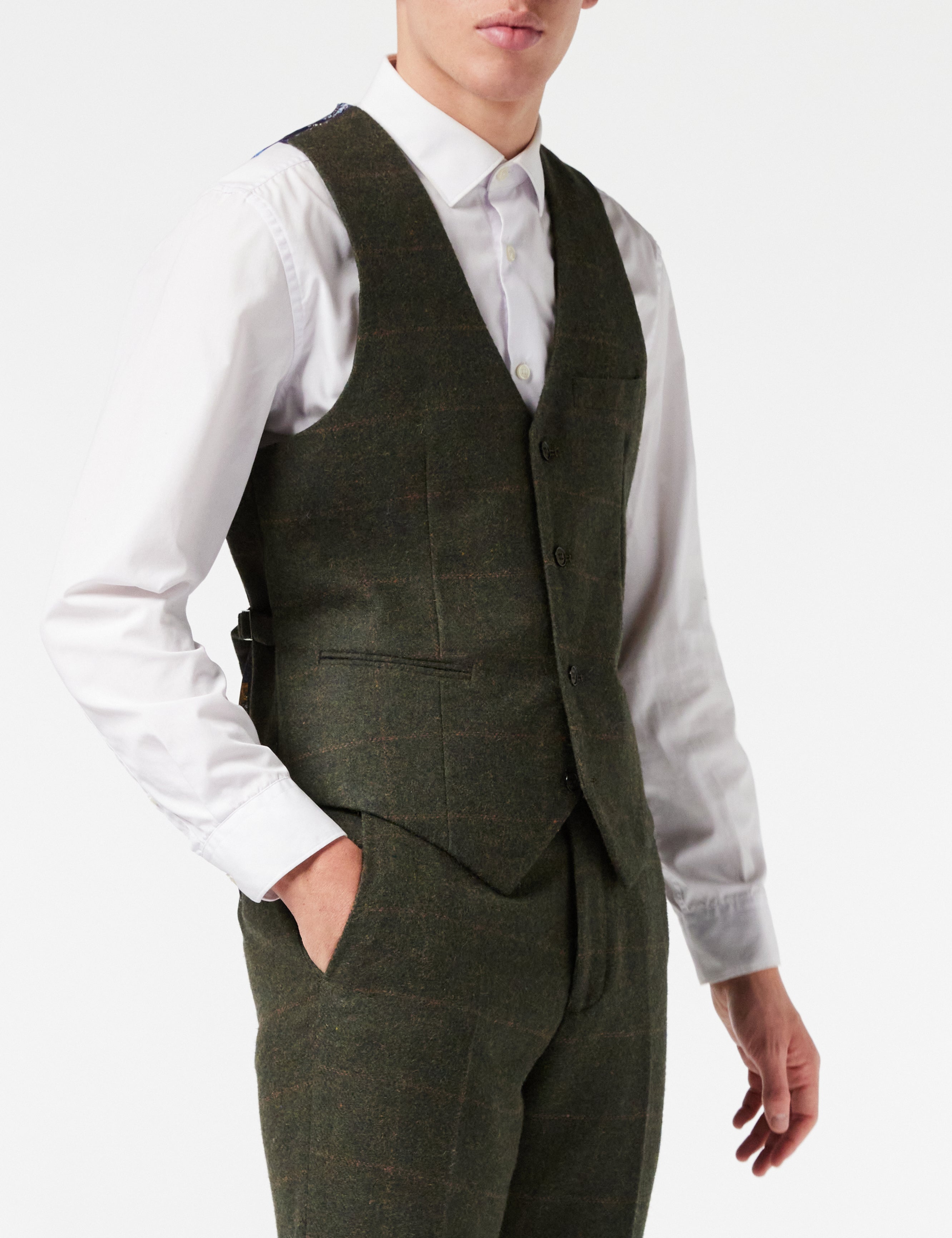Mens 3 Piece Suit Herringbone Tan Tweed Check Olive Green Retro Peaky Blinders