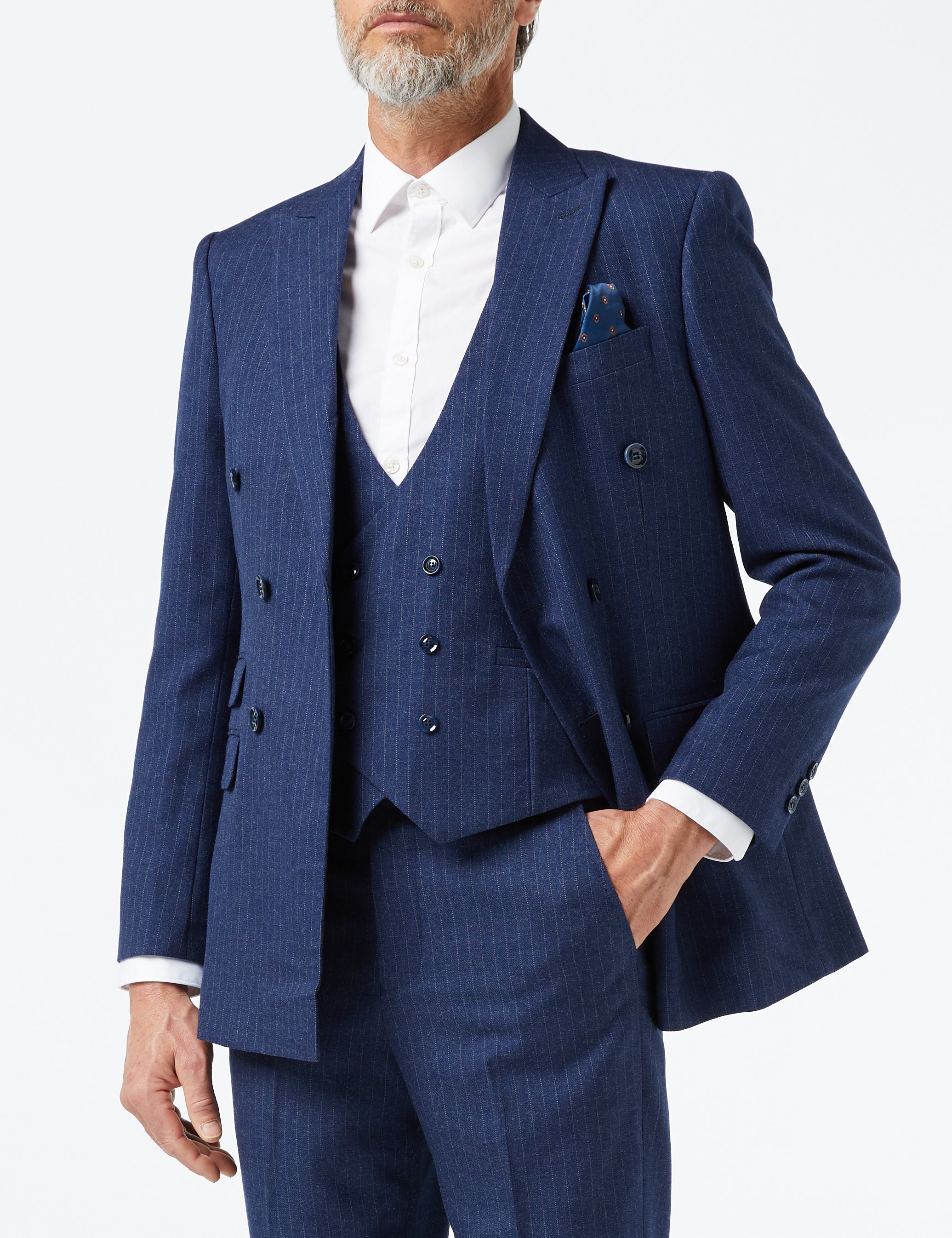 Mens 3 Piece Double Breasted Suit Blue Pinstripe 1920 Retro Gatsby Tailored Fit