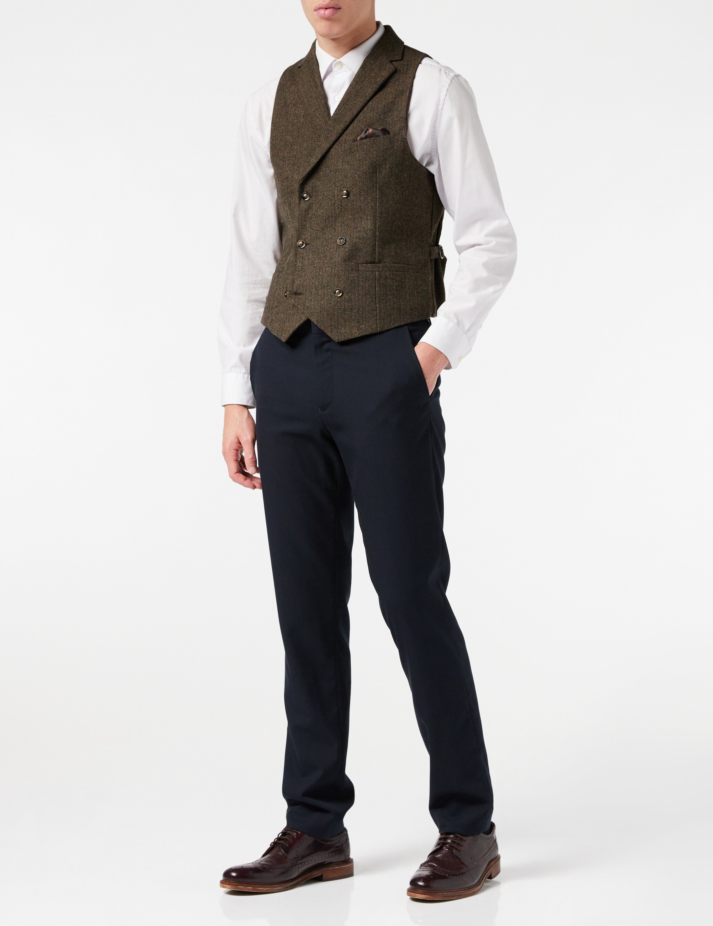 Herringbone Double Breasted Waistcoat In Brown