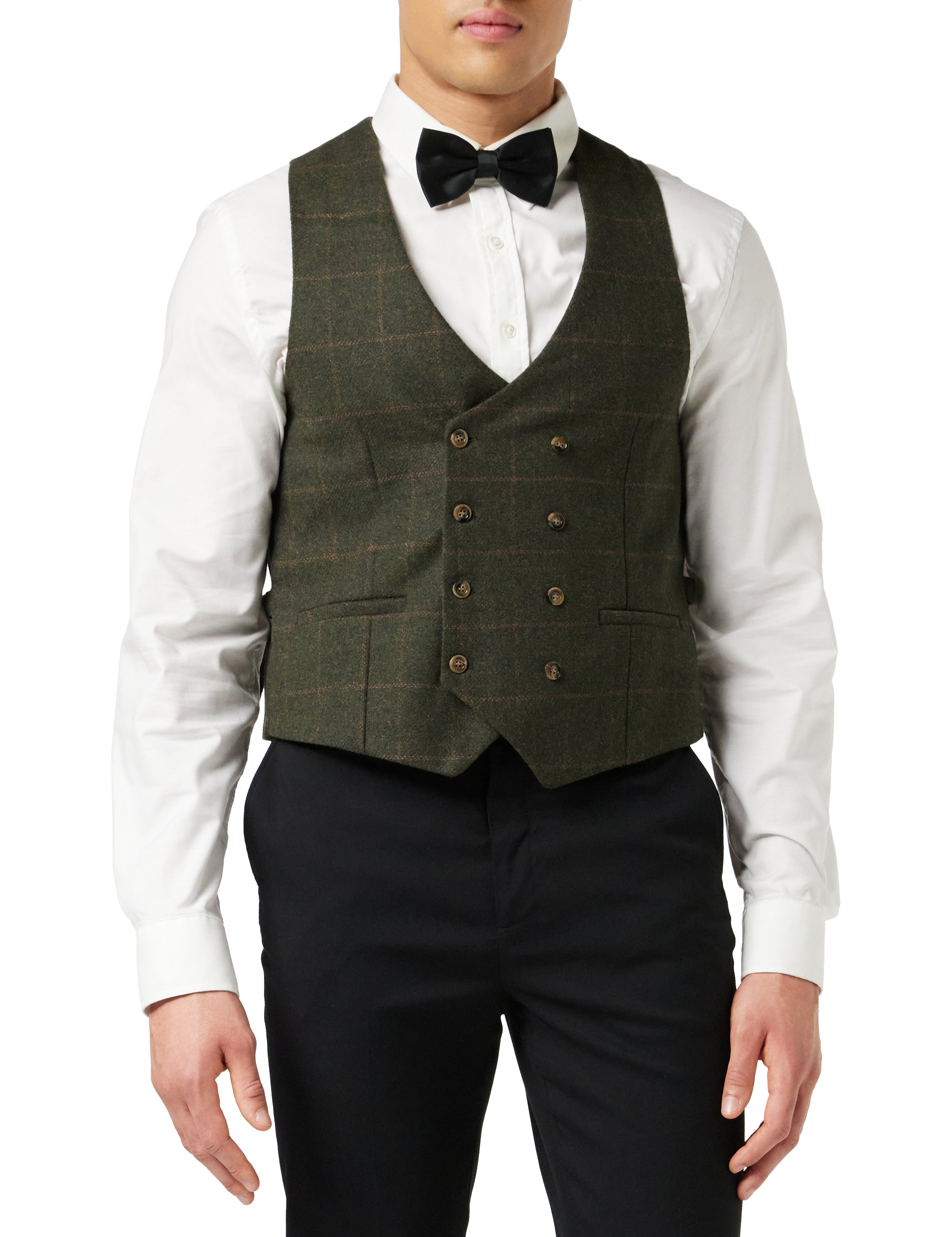 Tweed Check Double Breasted Green Waistcoat