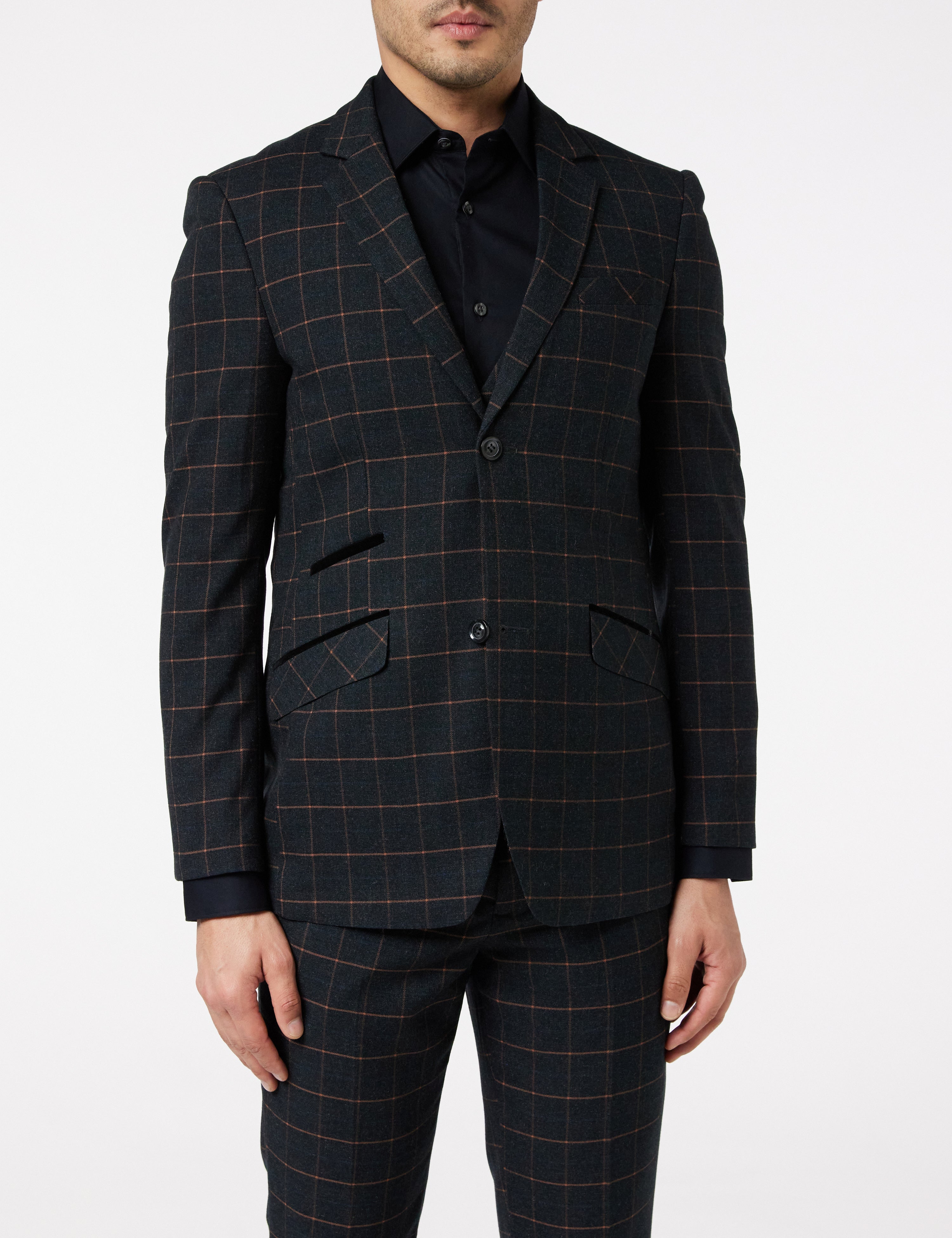 Mens 3 Piece Blue Orange Check On Grey Retro Smart Tailored Fit Vintage Suit