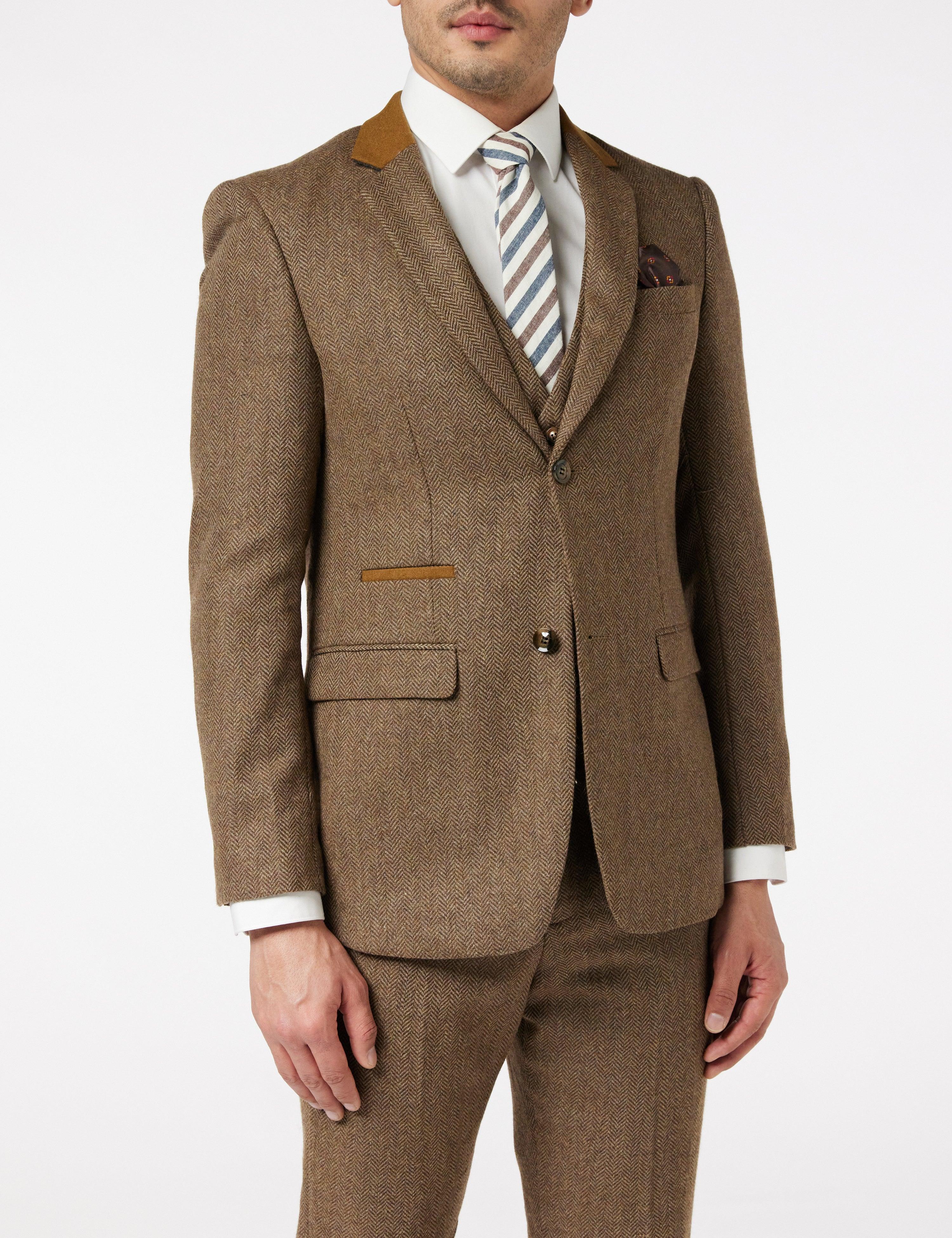 Herringbone Tweed Suit in Tan Brown