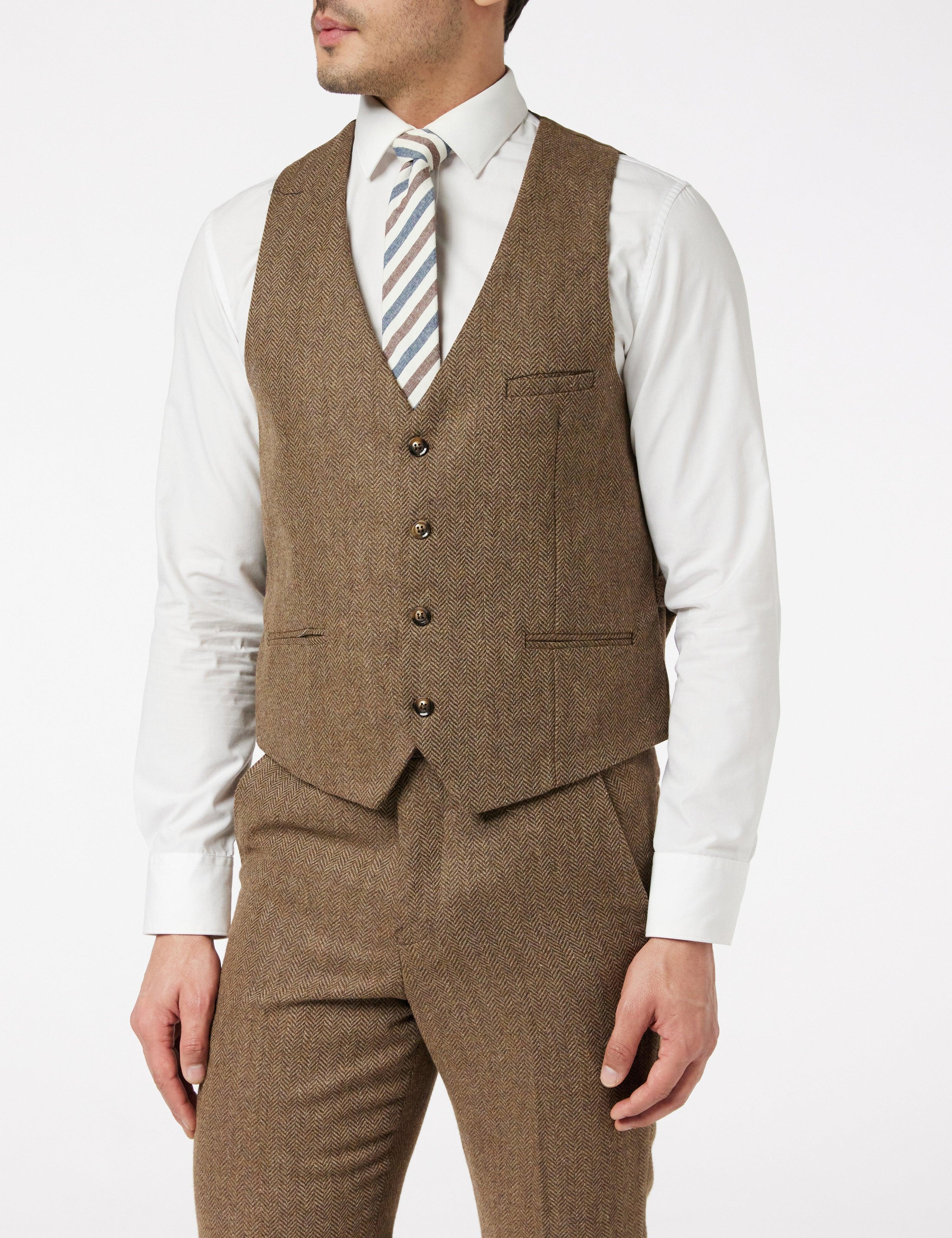 Herringbone Tweed Suit in Tan Brown