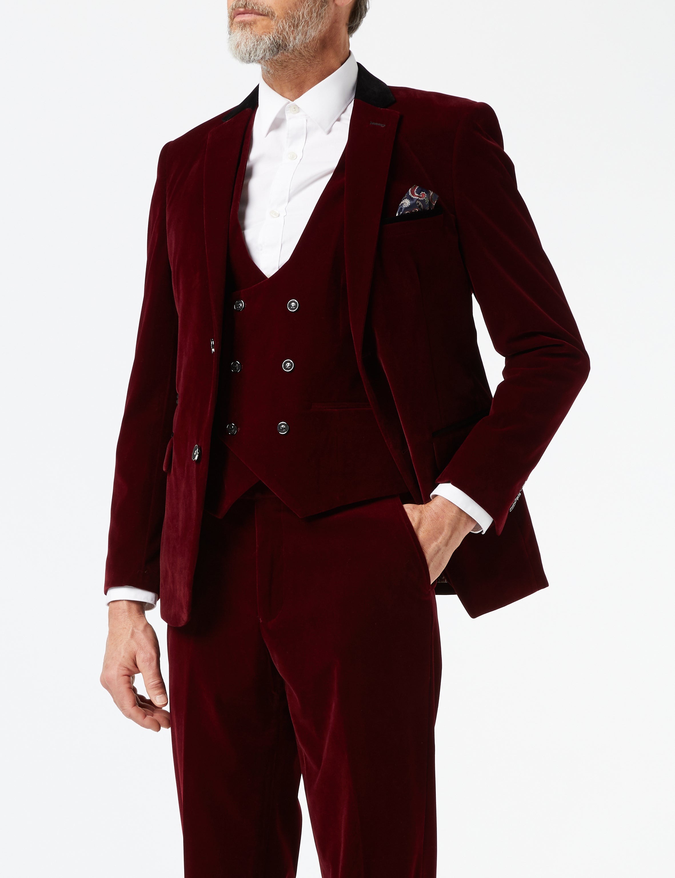 Mens 3 Piece Velvet Suit Maroon Tailored Jacket Waistcoat Trousers Wedding Party