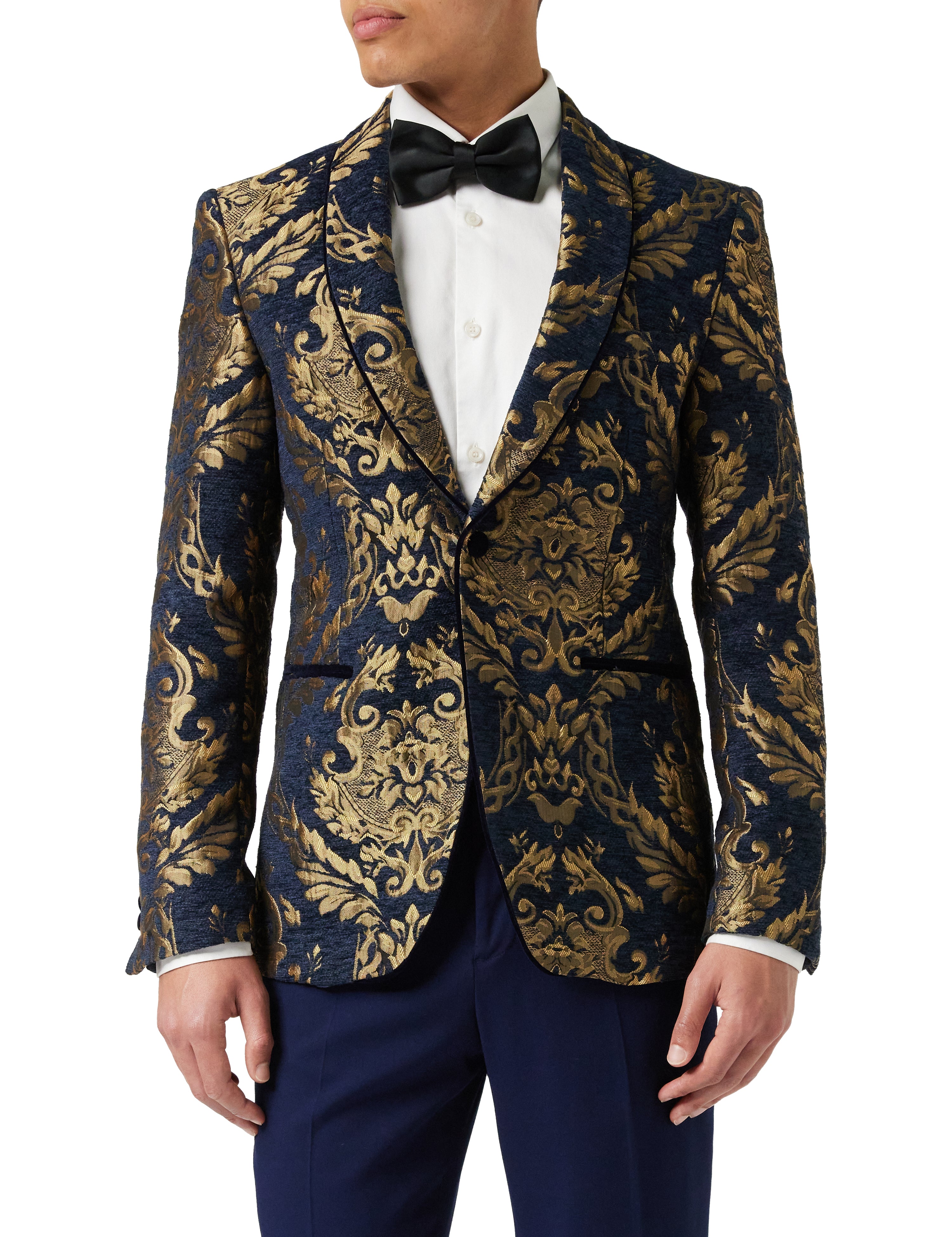 Gold Brocade on Flocked Navy Velvet Jacquard Blazer