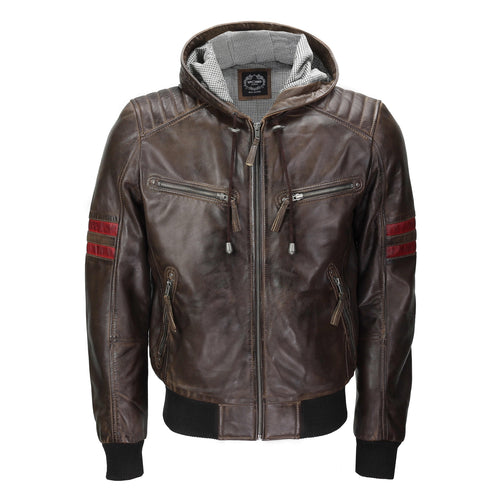 BOMBER BIKER VESTE EN CUIR MARRON À CAPUCHE SLIM FIT