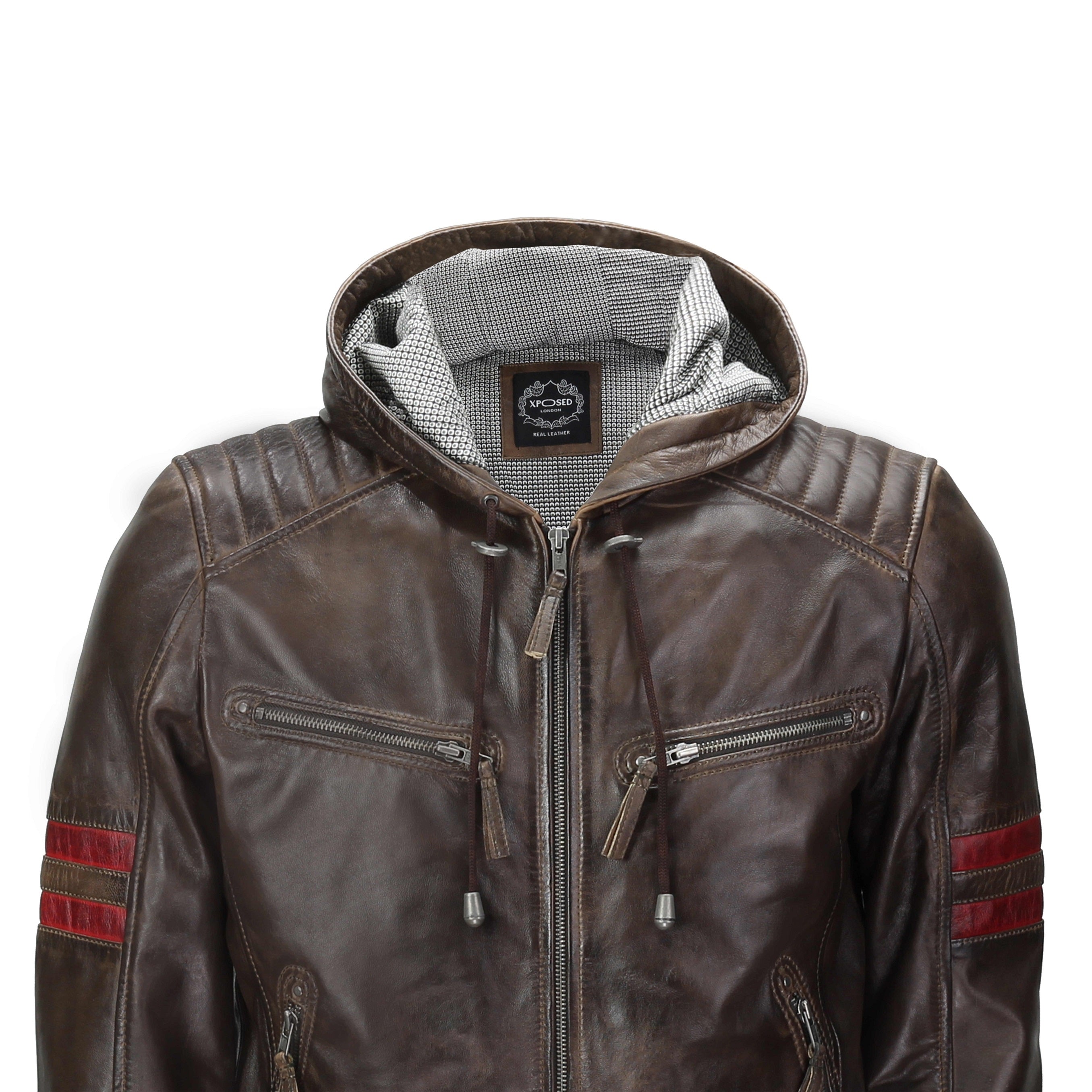 BOMBER BIKER SLIM FIT BROWN LEATHER JACKET WITH HOOD