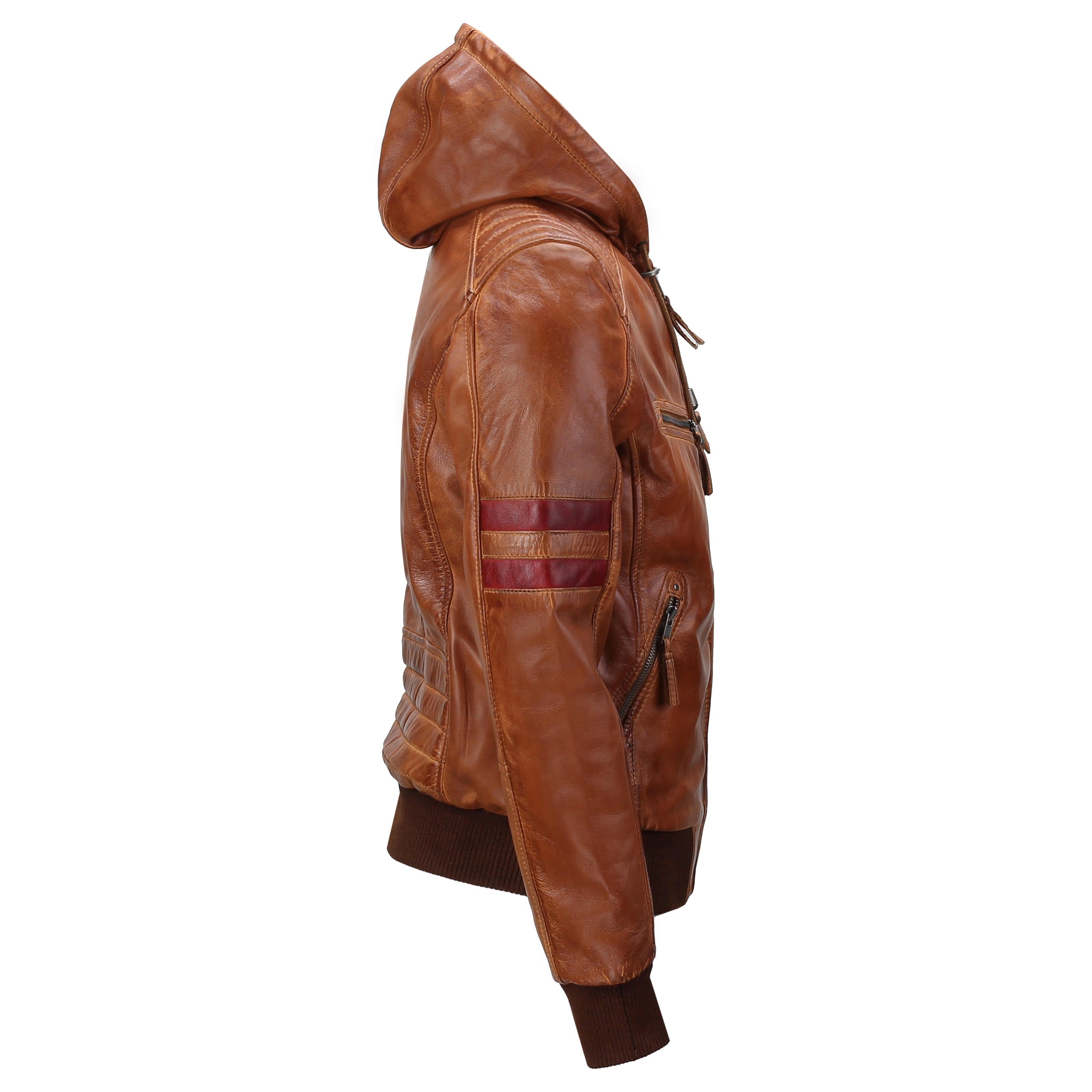 BOMBER BIKER SLIM FIT TIMBER LEATHER JACKET WITH HOOD