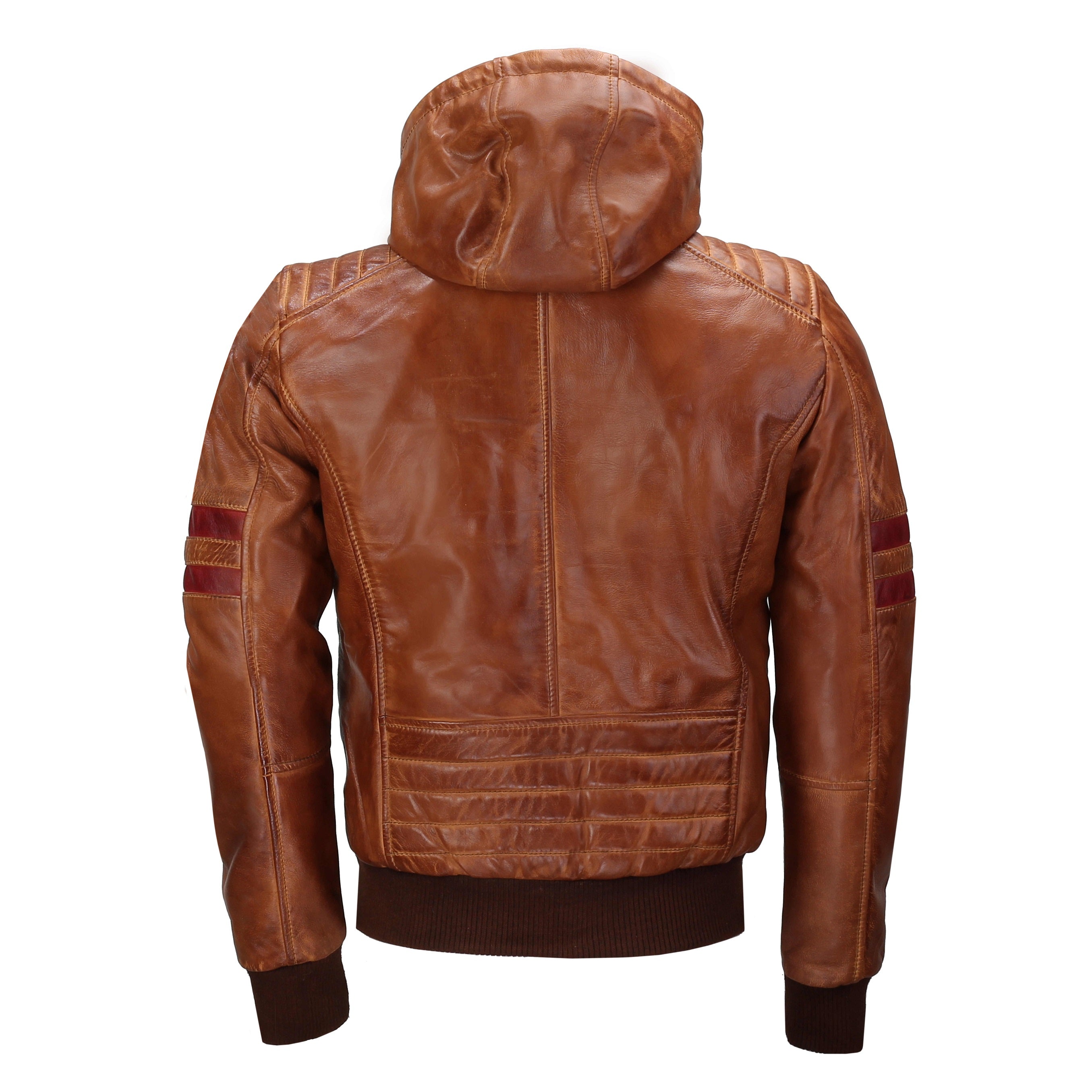 BOMBER BIKER SLIM FIT TIMBER LEATHER JACKET WITH HOOD