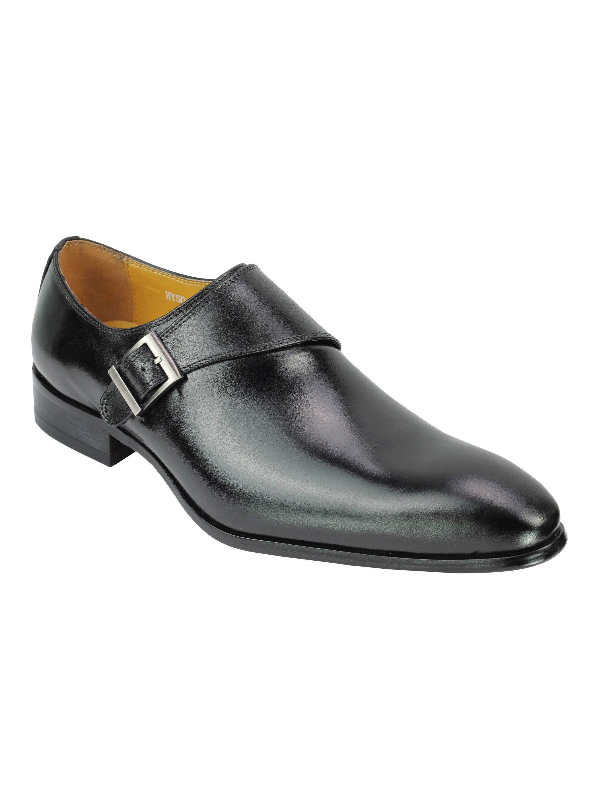 Real Leather Buckle Strap Slip Loafers Black