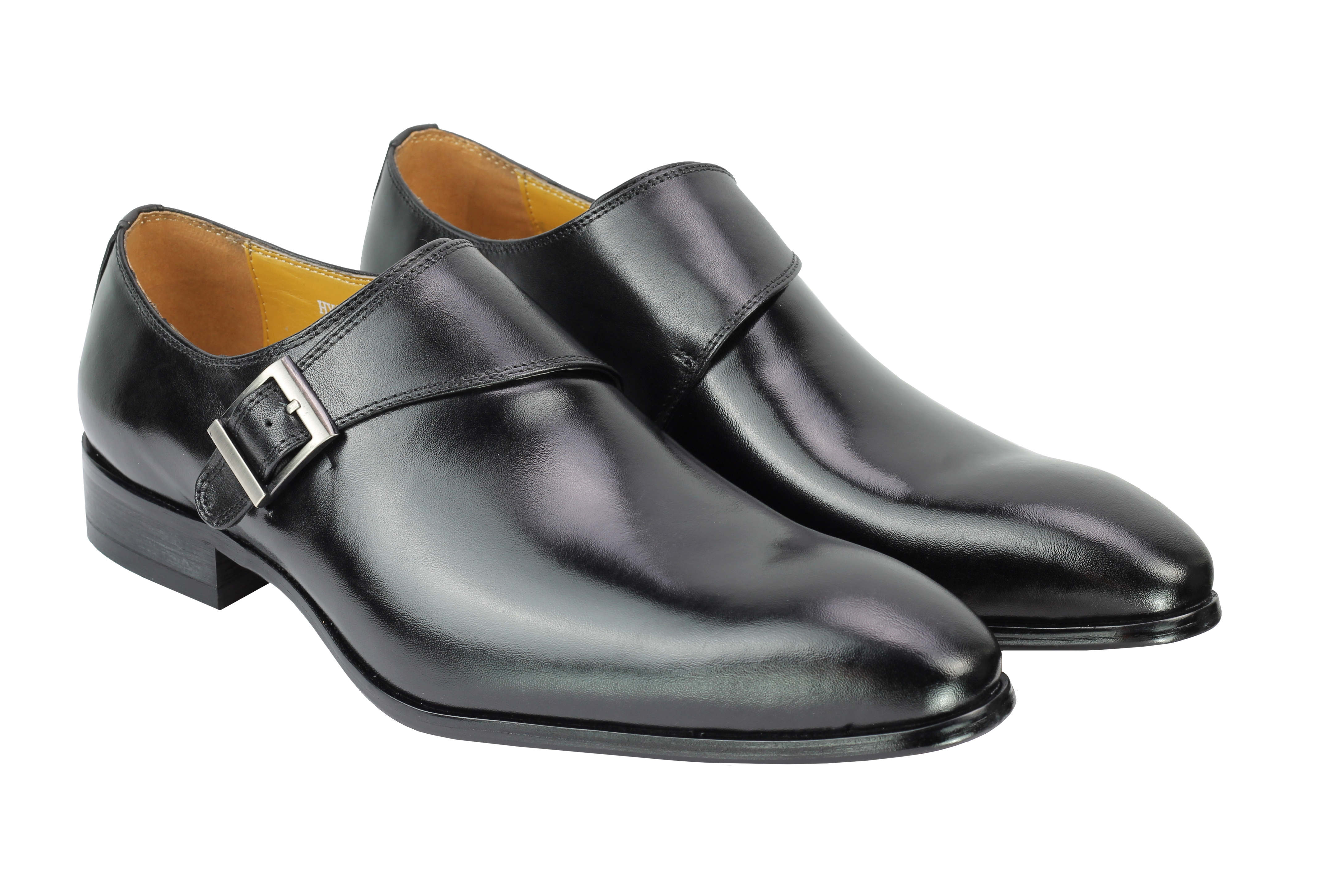 Real Leather Buckle Strap Slip Loafers Black