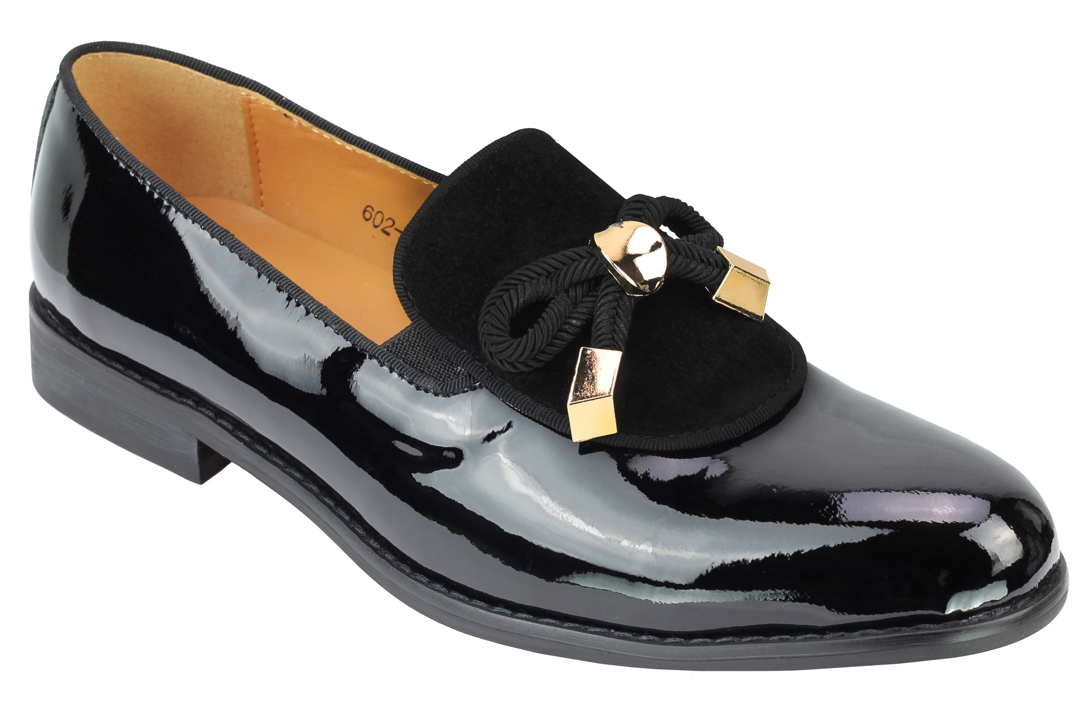 Mens Black Patent Real Leather Glossy Rope Bow Tie Metal Trim Loafers Wedding Party Shoes
