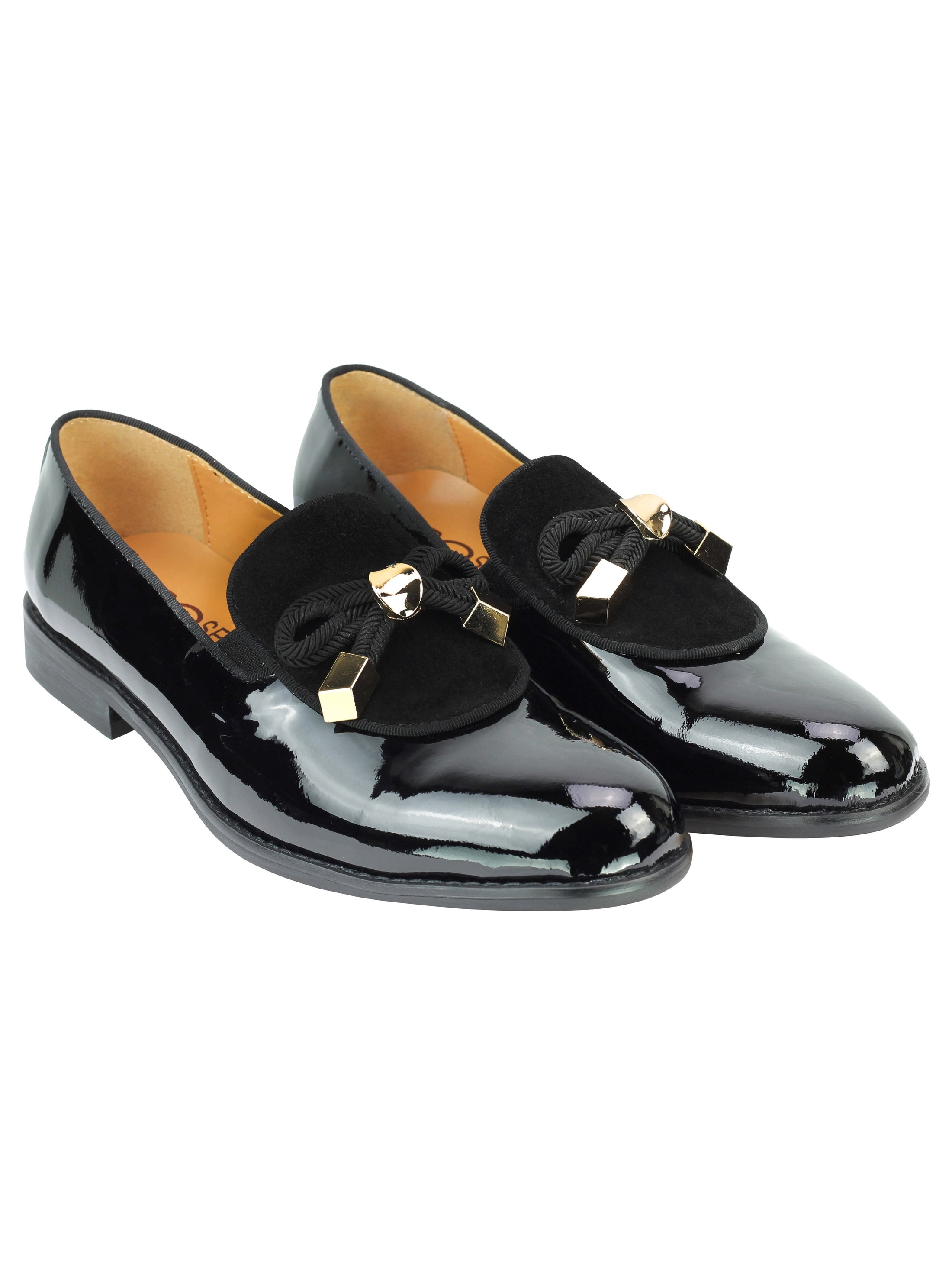 Mens Black Patent Real Leather Glossy Rope Bow Tie Metal Trim Loafers Wedding Party Shoes