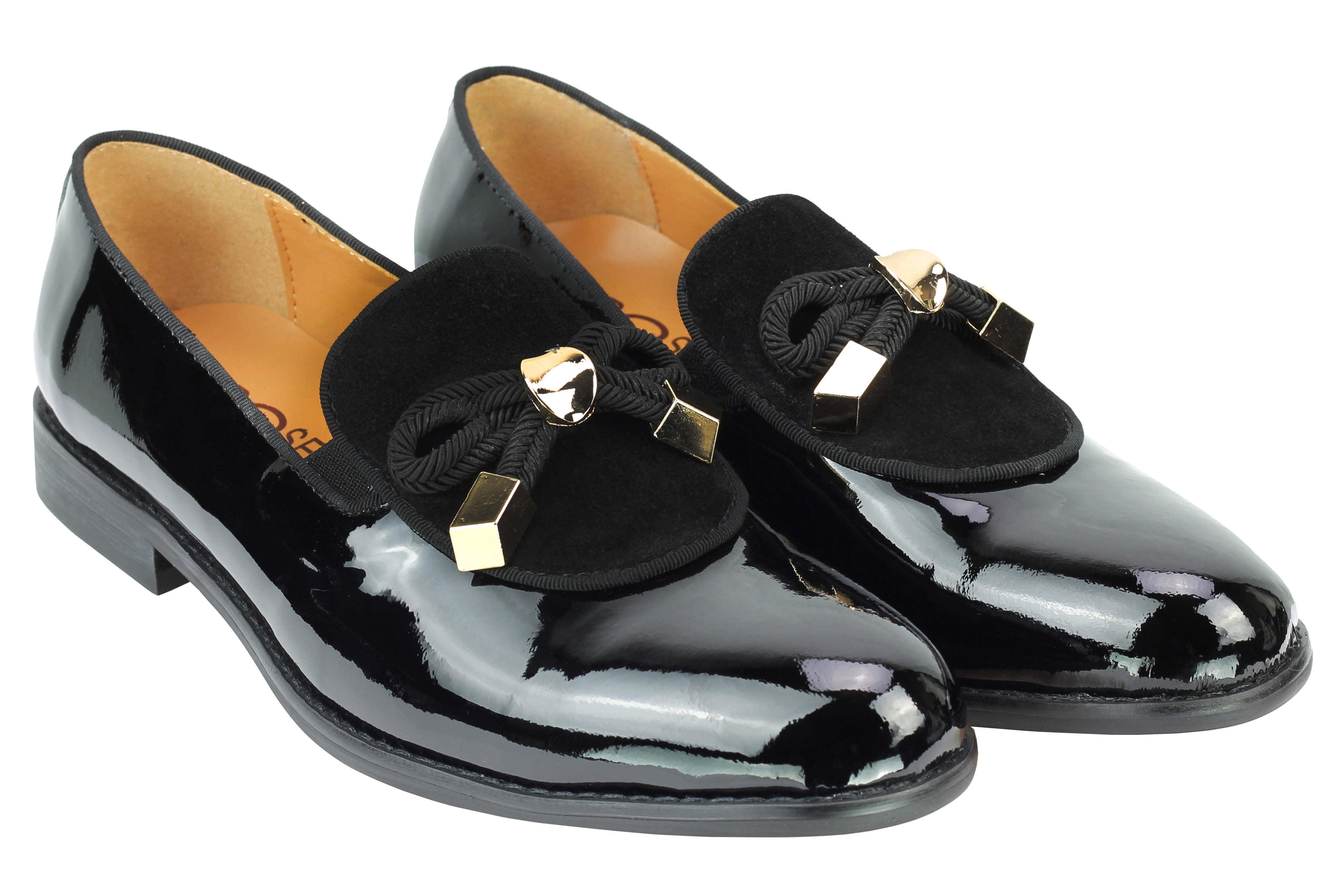 Mens Black Patent Real Leather Glossy Rope Bow Tie Metal Trim Loafers Wedding Party Shoes