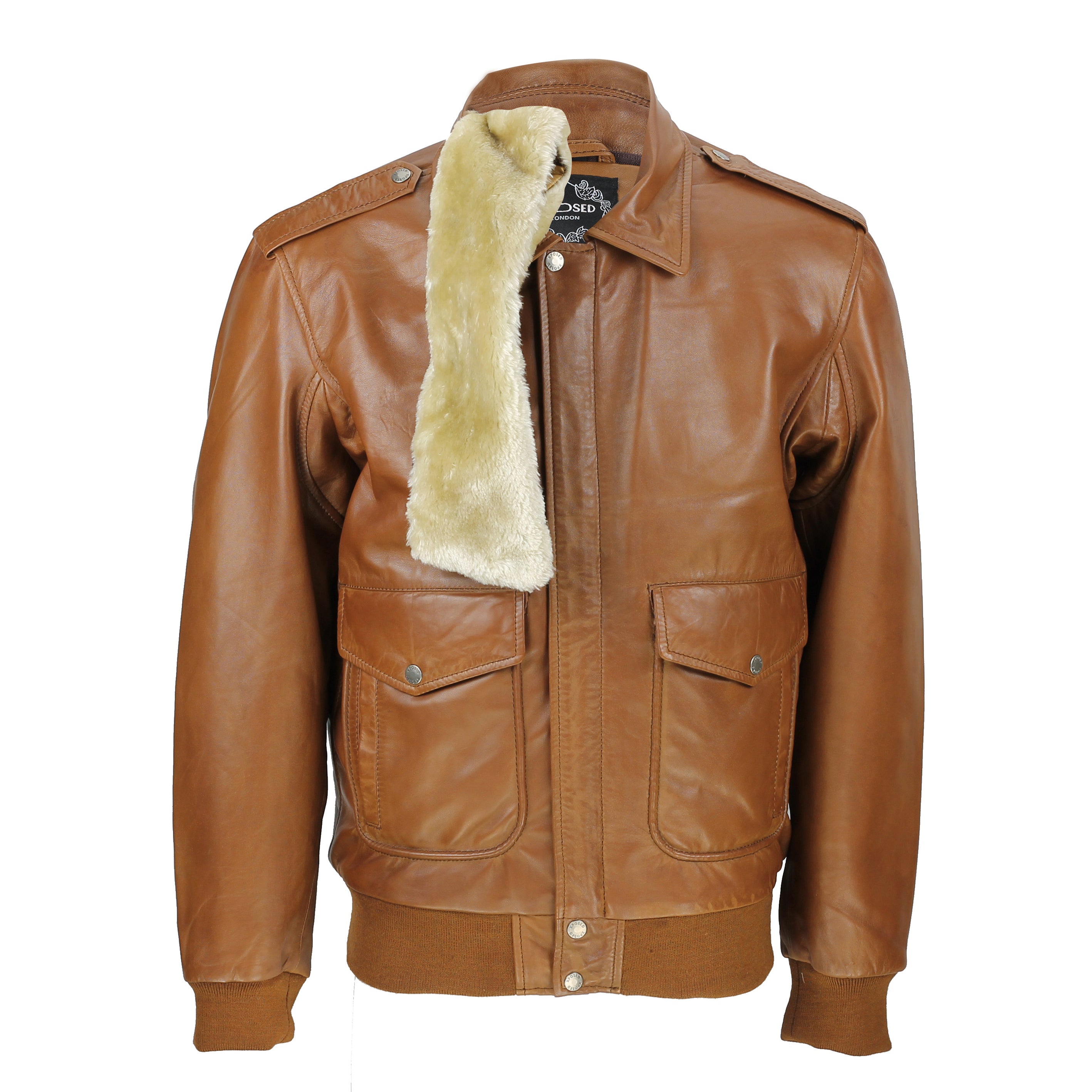 Mens Real Leather Tan Brown Vintage Pilot Removable Fur Collar Bomber Jacket