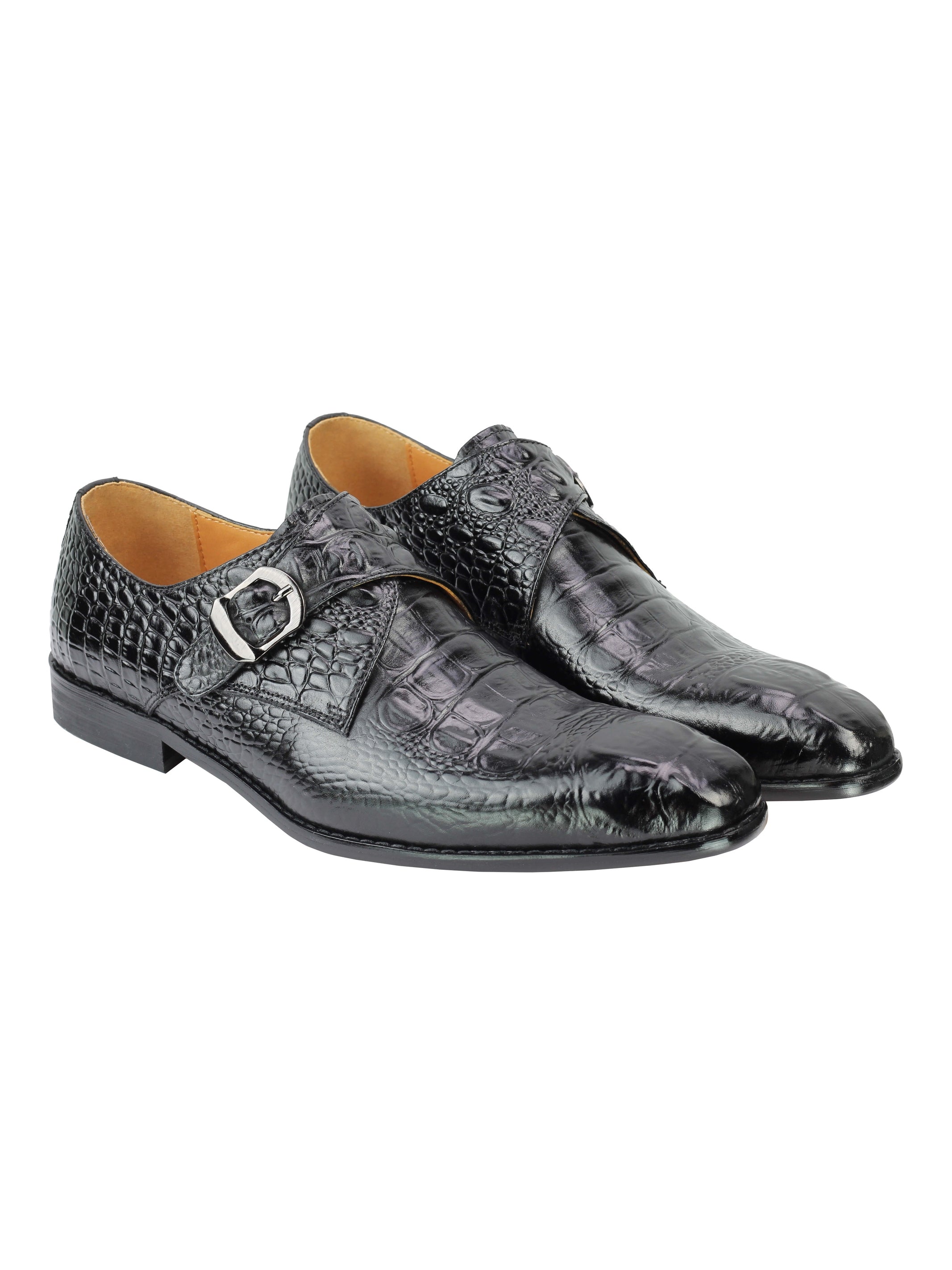 Real Leather Black Crocodile Print Monk Loafers