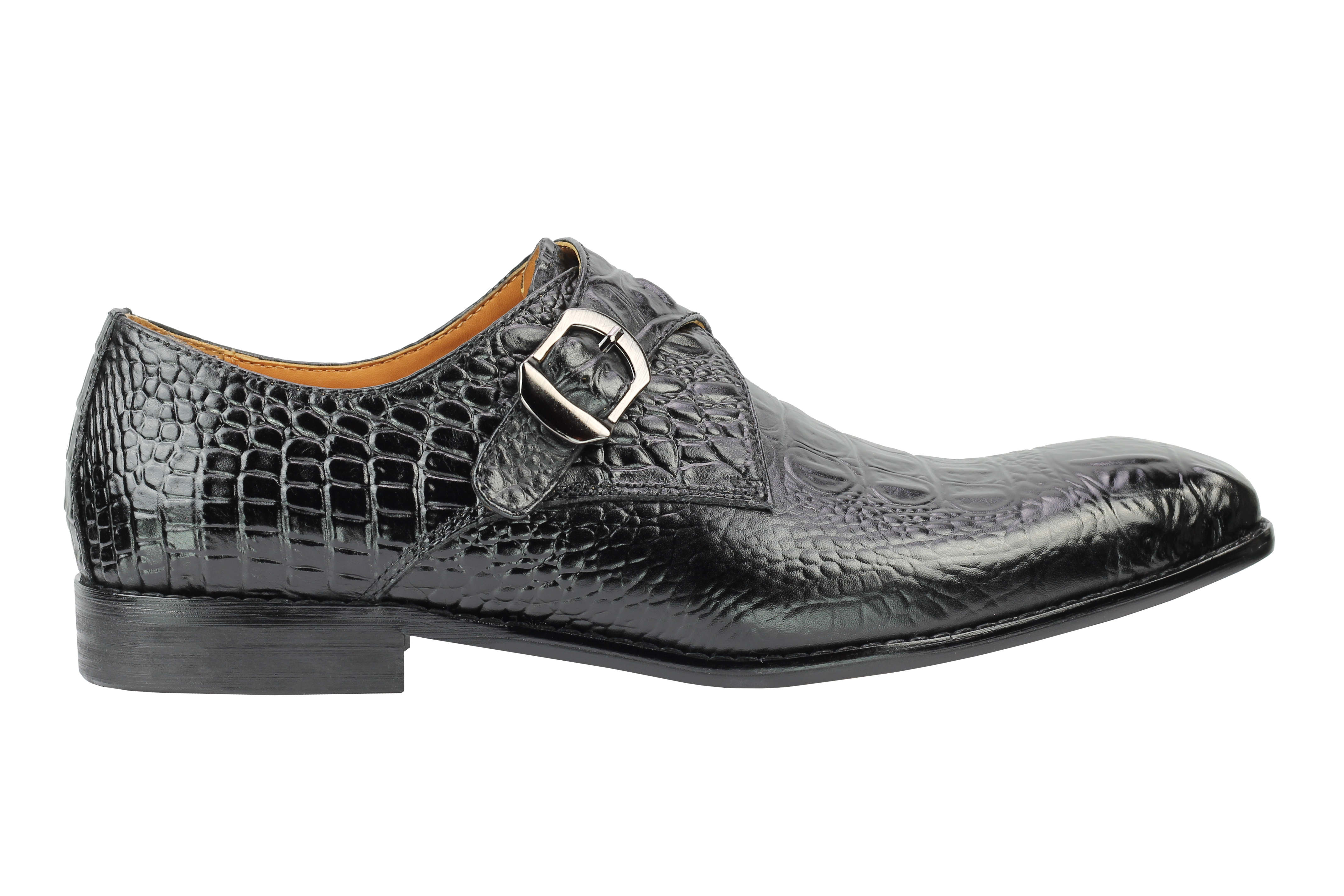 Real Leather Black Crocodile Print Monk Loafers