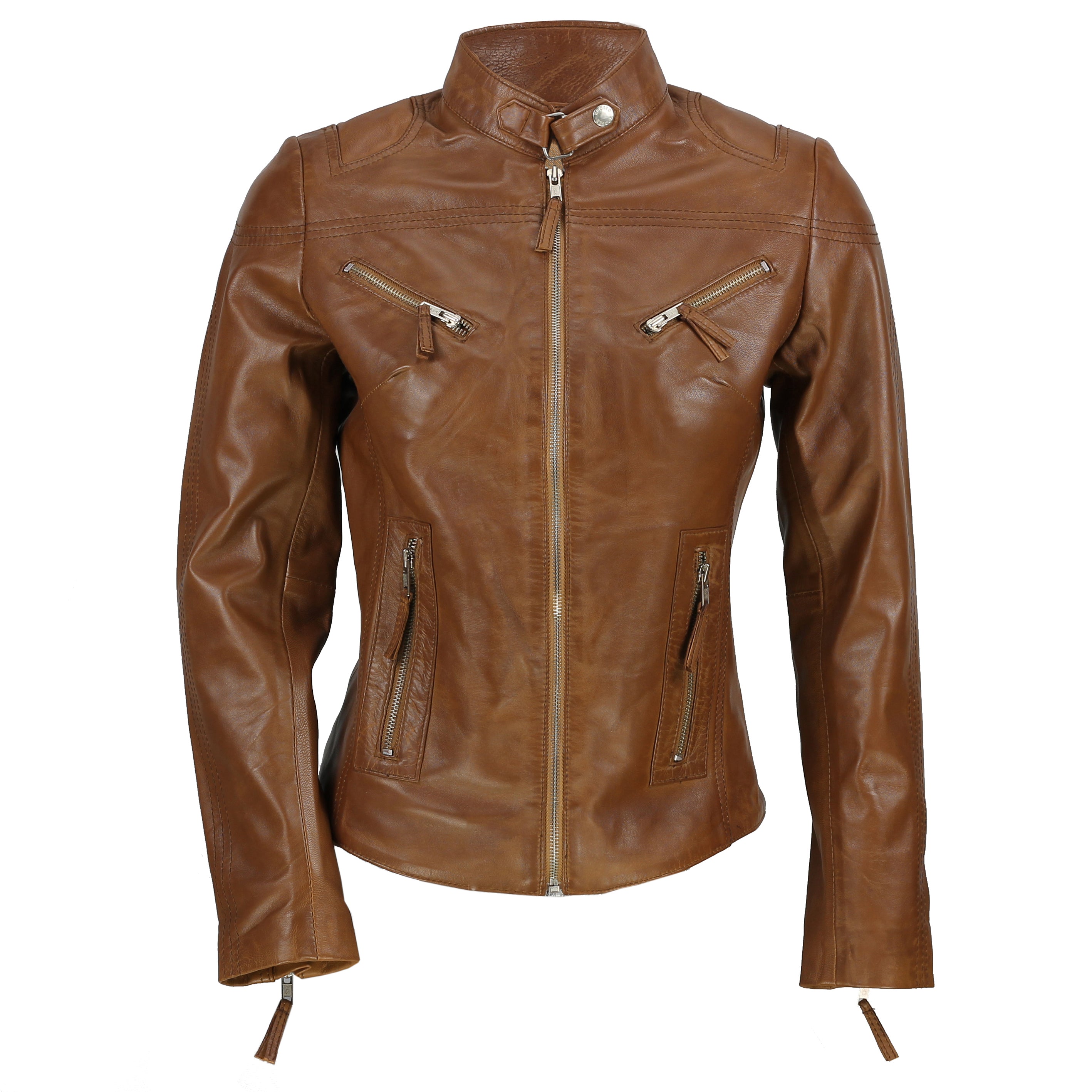 Ladies Women S Real Leather Vintage Fitted Tan Brown Biker Jacket