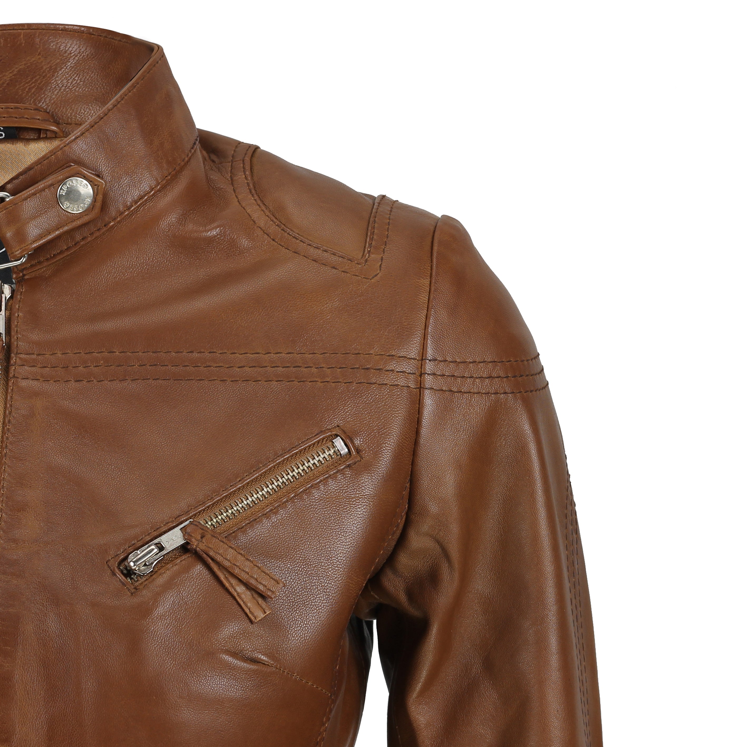 Ladies Women S Real Leather Vintage Fitted Tan Brown Biker Jacket