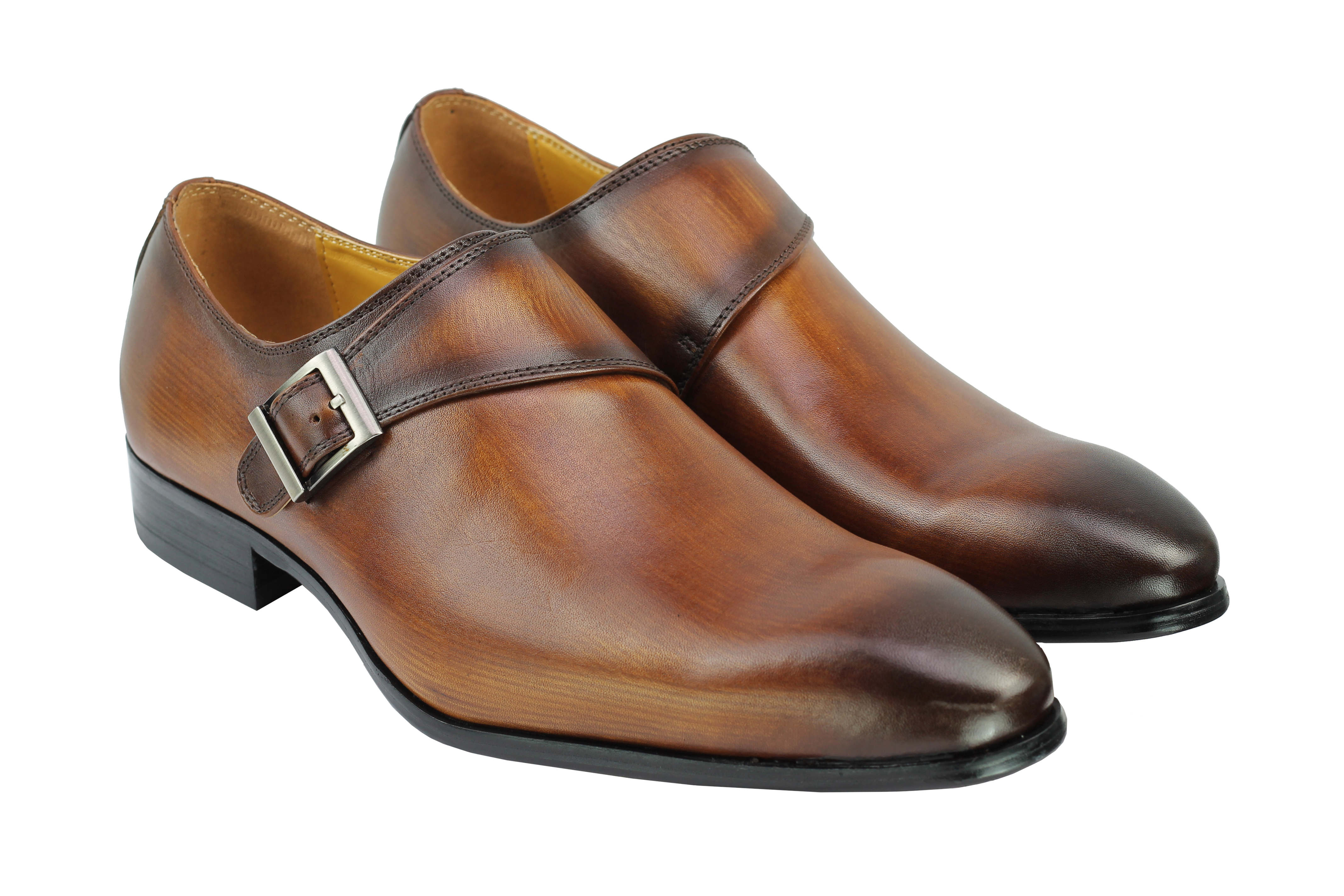 Real Leather Buckle Strap Slip Loafers Brown