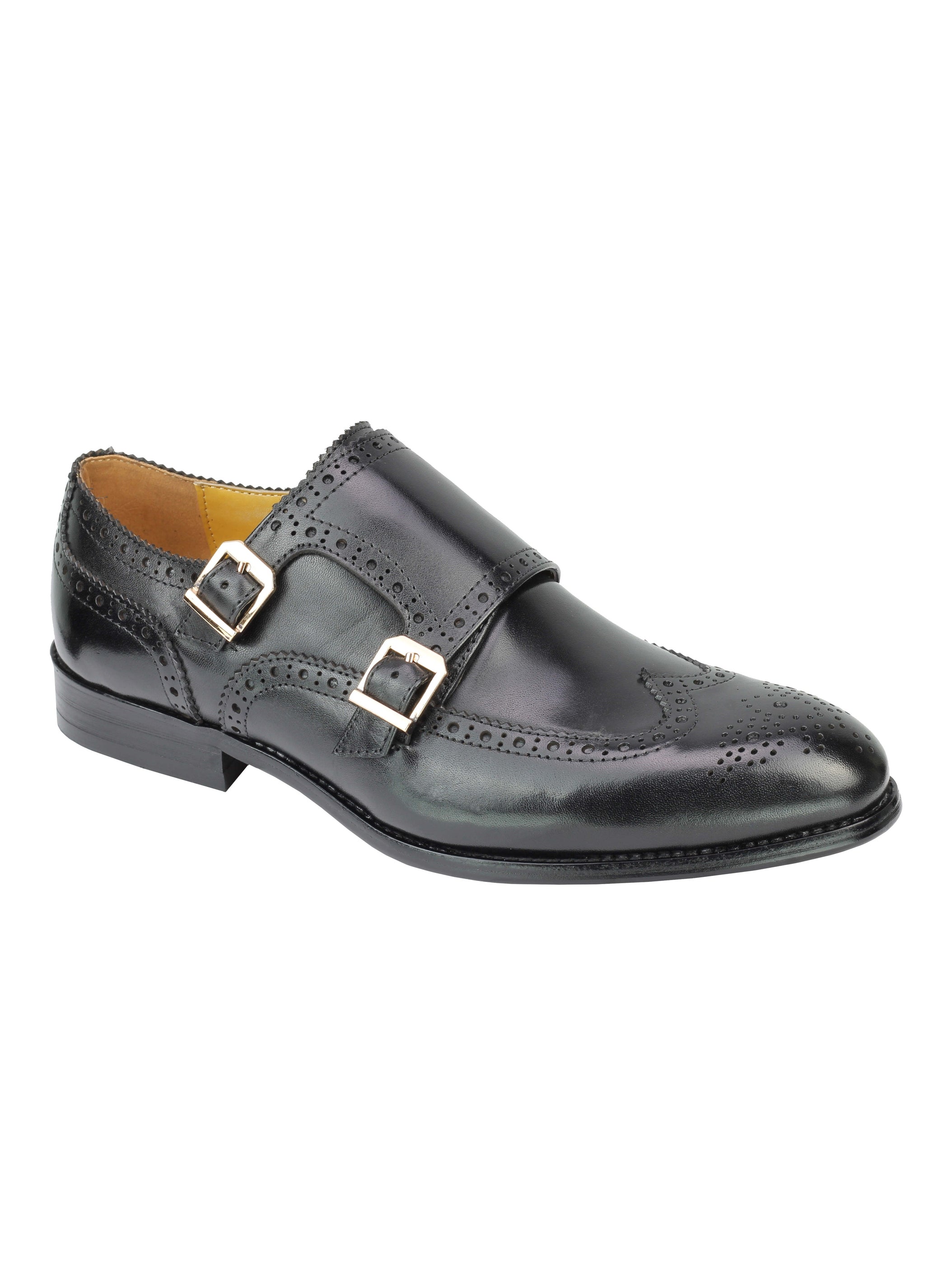 Real Leather Black Brogue Monk Shoes