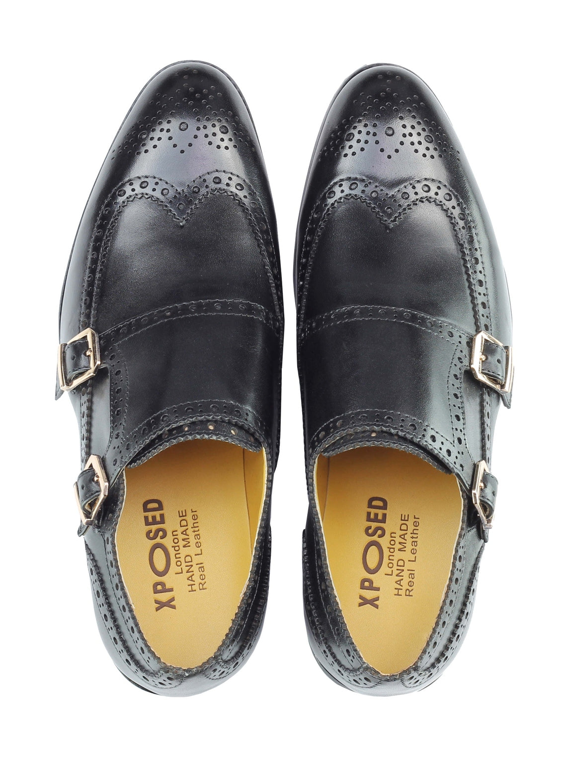 Real Leather Black Brogue Monk Shoes