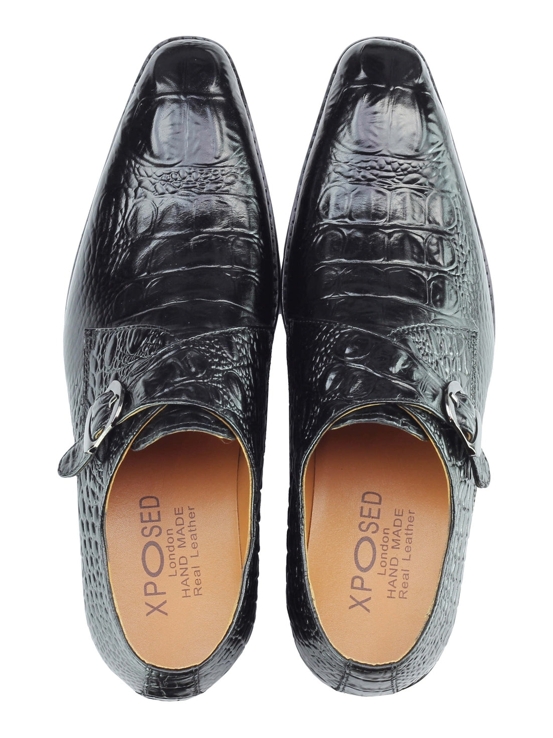 Real Leather Black Crocodile Print Monk Loafers
