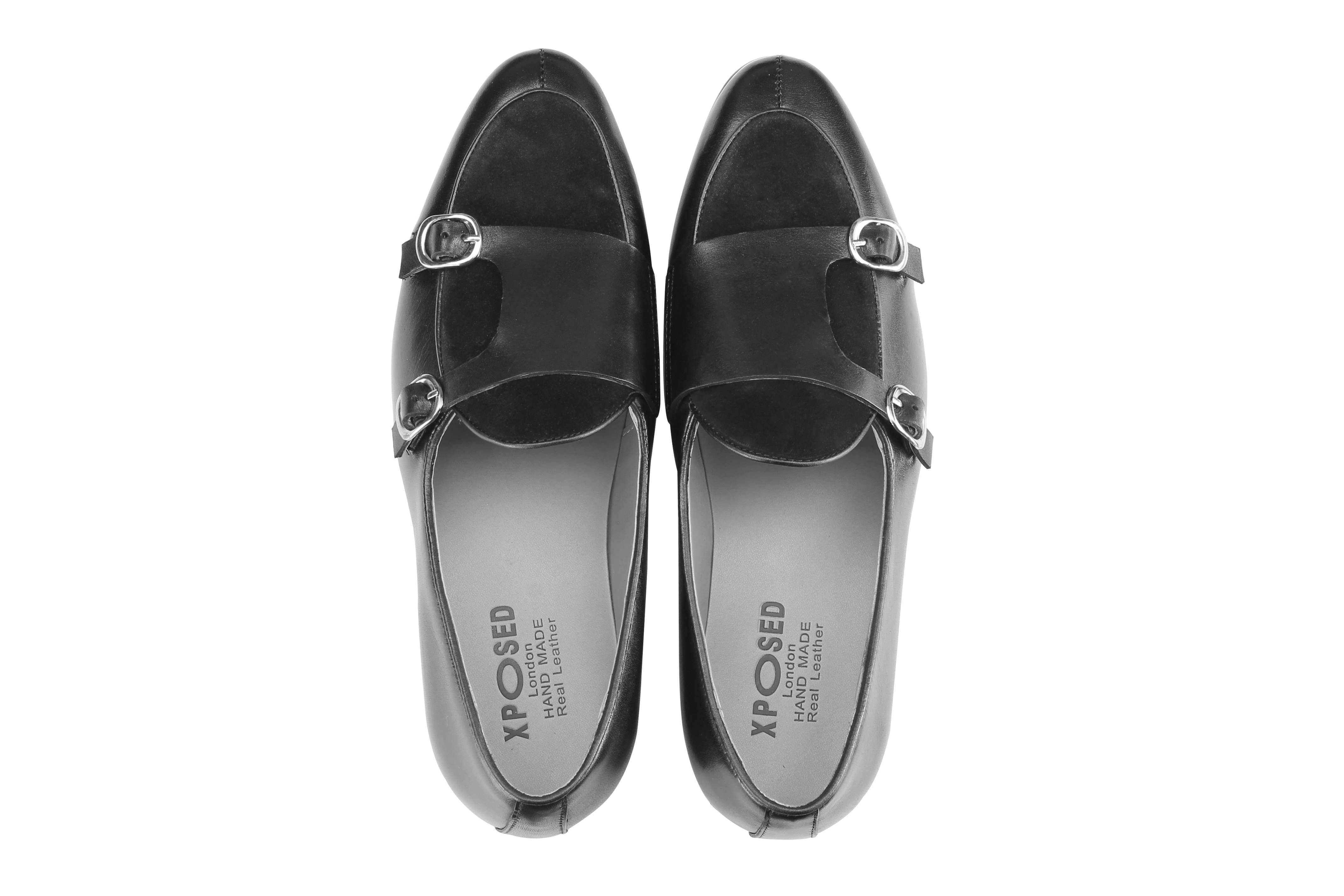 Real Leather Double Monk Strap Black Loafers