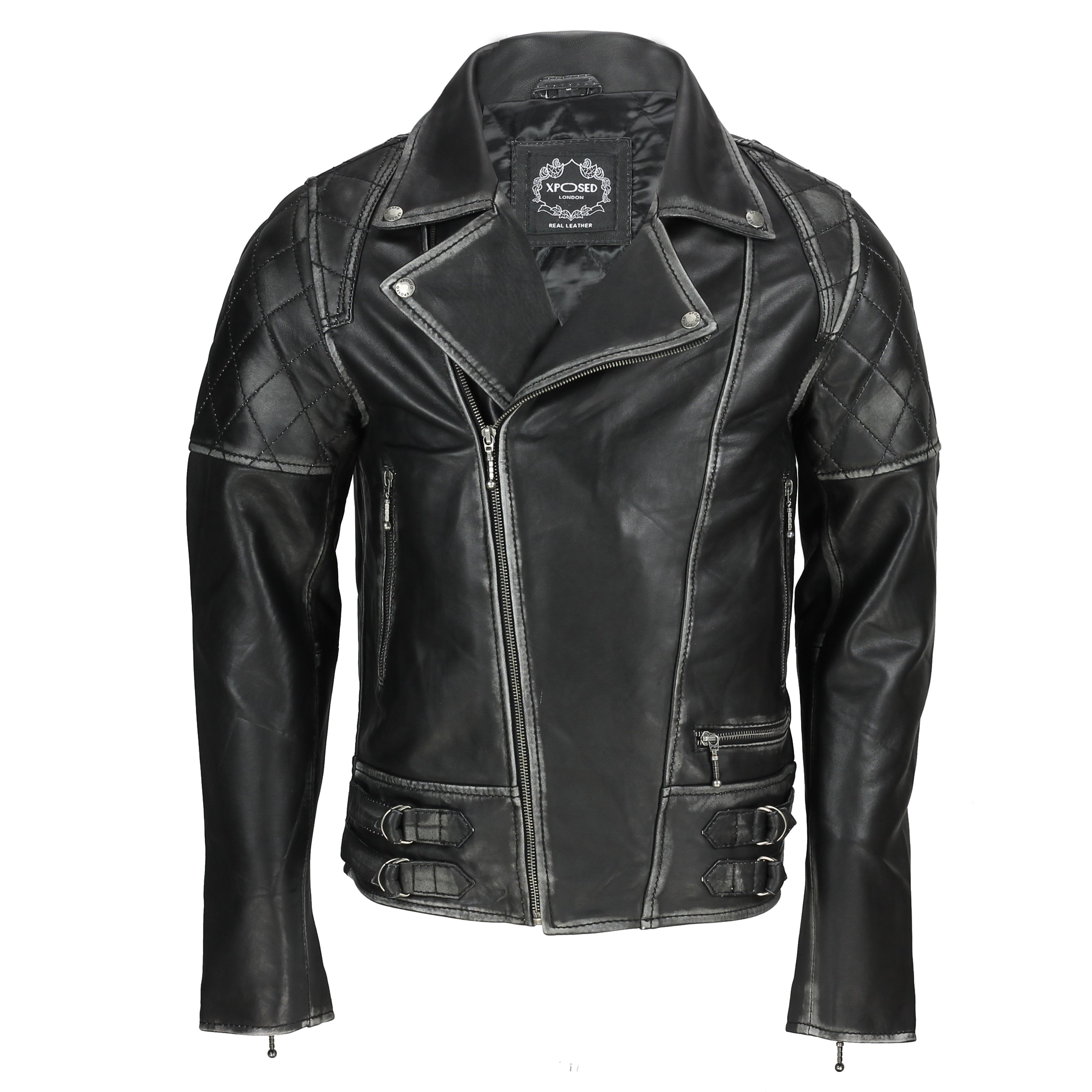 New Mens Vintage Real Leather Biker Jacket in Washed Black Zipped Smart Casual