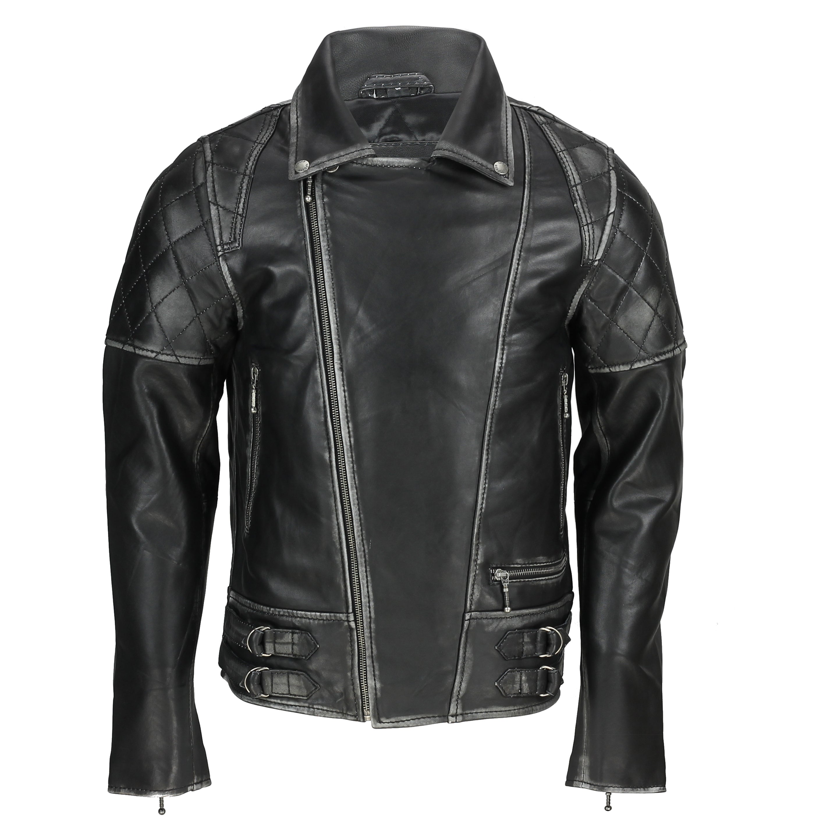 New Mens Vintage Real Leather Biker Jacket in Washed Black Zipped Smart Casual