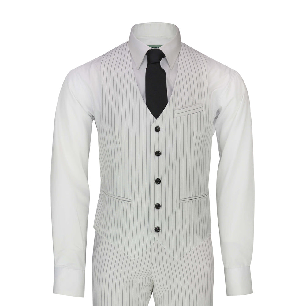 Mens 3 Piece Double Breasted Suit Black Pinstripe White 1920 Gatsby Tailored Fit