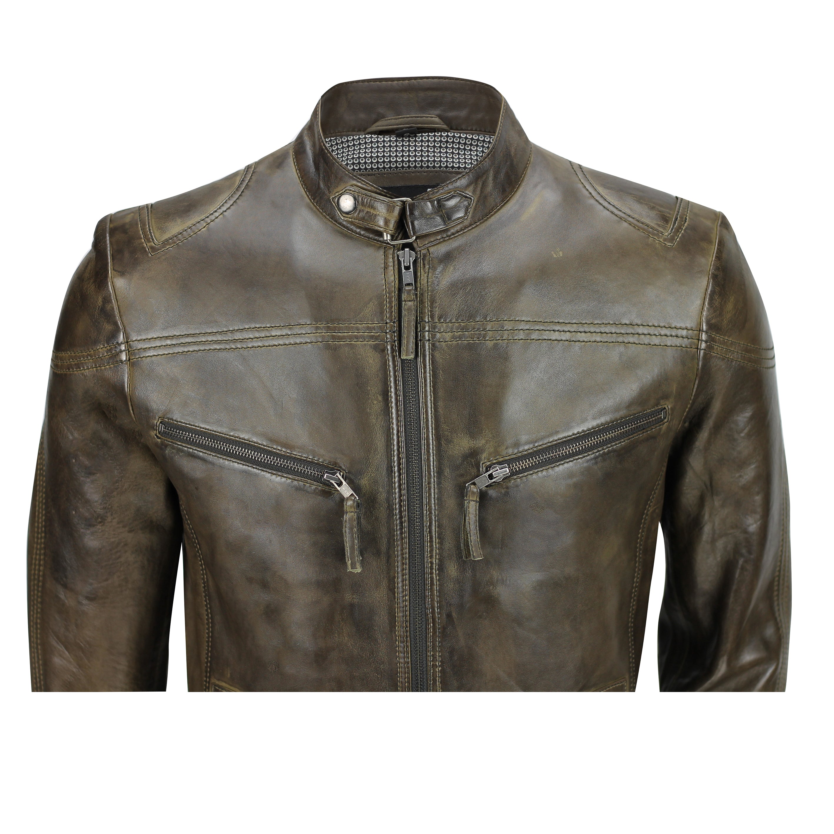 Mens Vintage Real Leather Brown Biker Style Zipped Pockets Casual Fitted Jacket