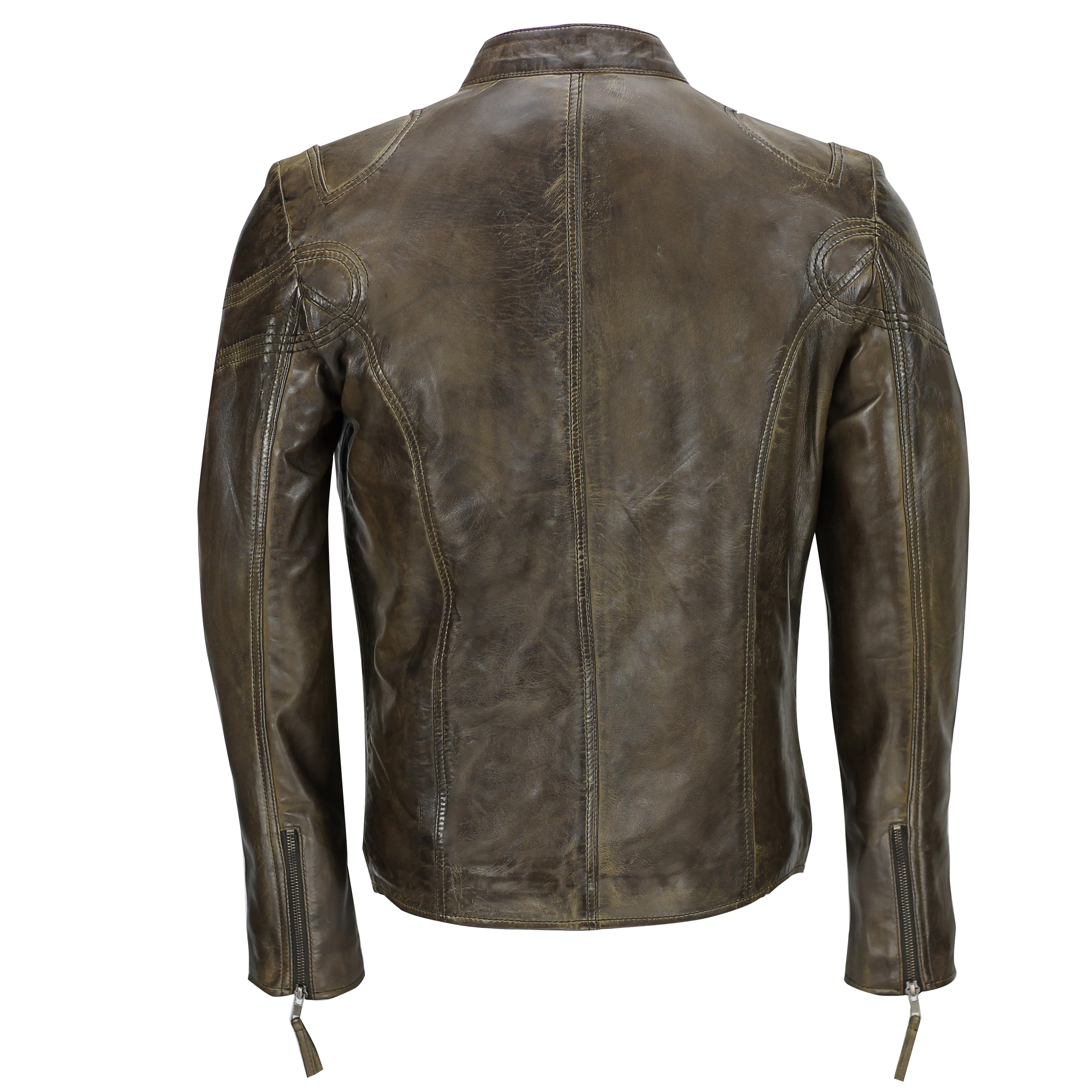 Mens Vintage Real Leather Brown Biker Style Zipped Pockets Casual Fitted Jacket