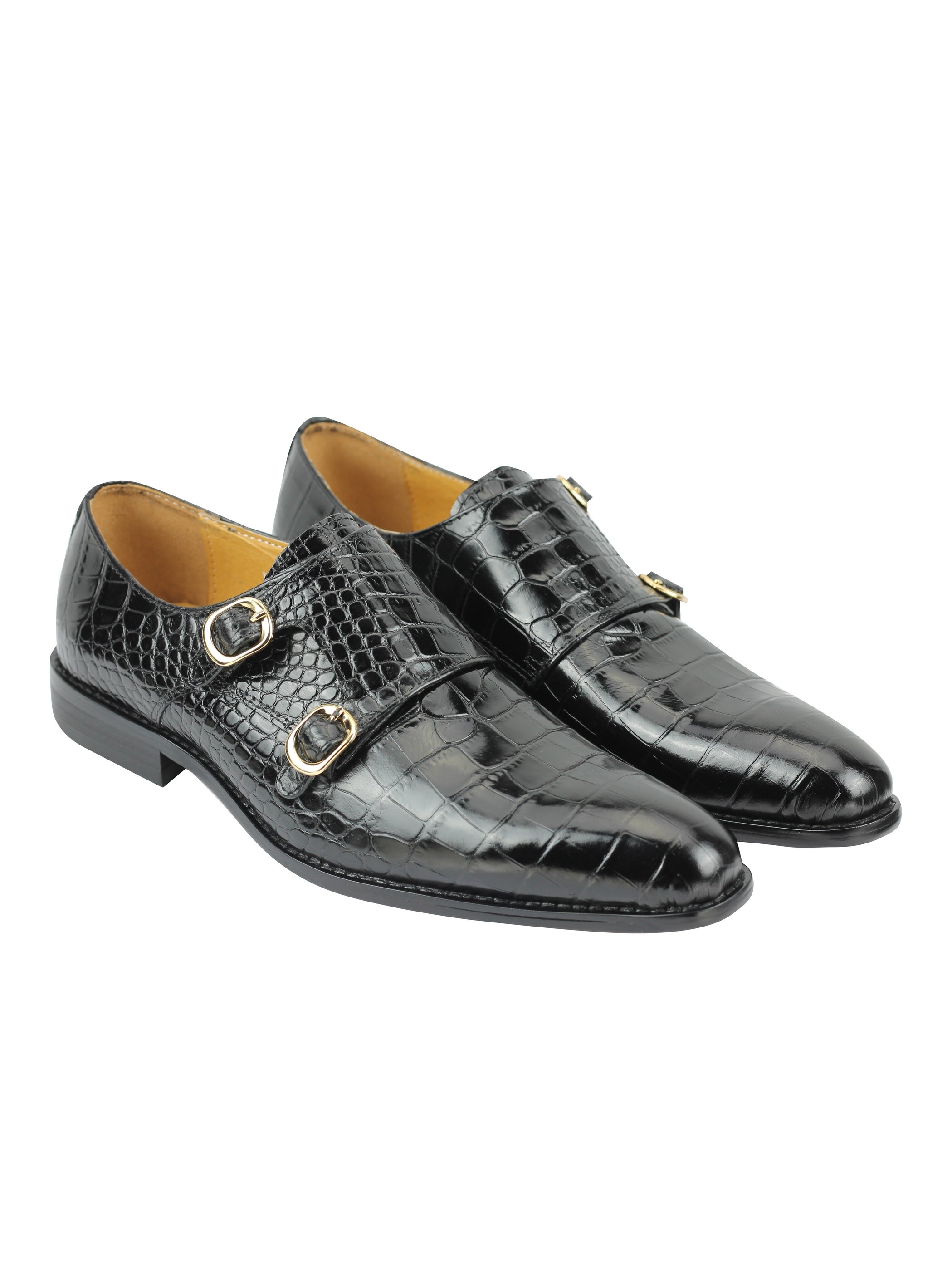Mens Real Leather Polished Crocodile Print Black Monk Strap Loafers Formal Shoes
