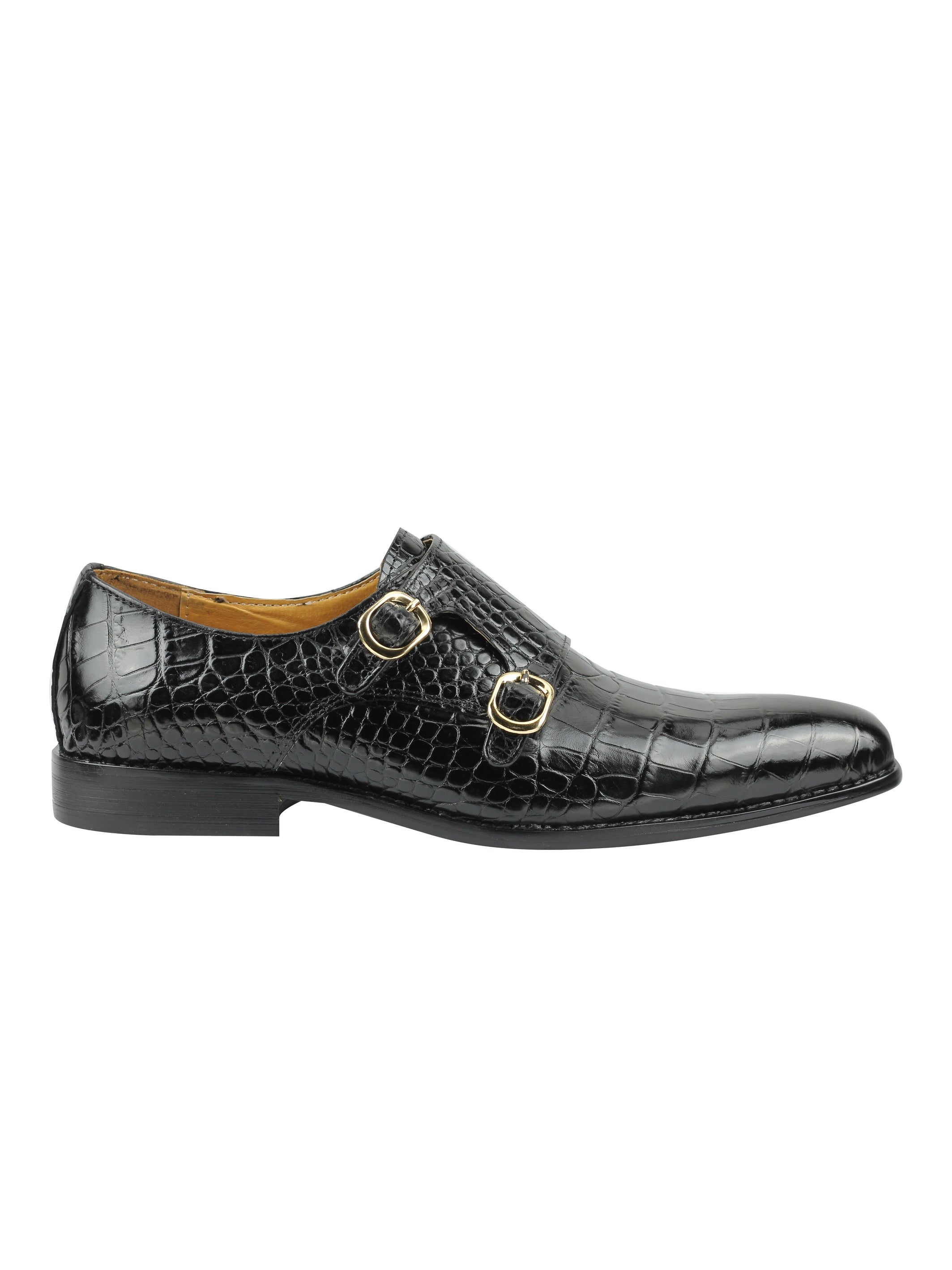 Mens Real Leather Polished Crocodile Print Black Monk Strap Loafers Formal Shoes