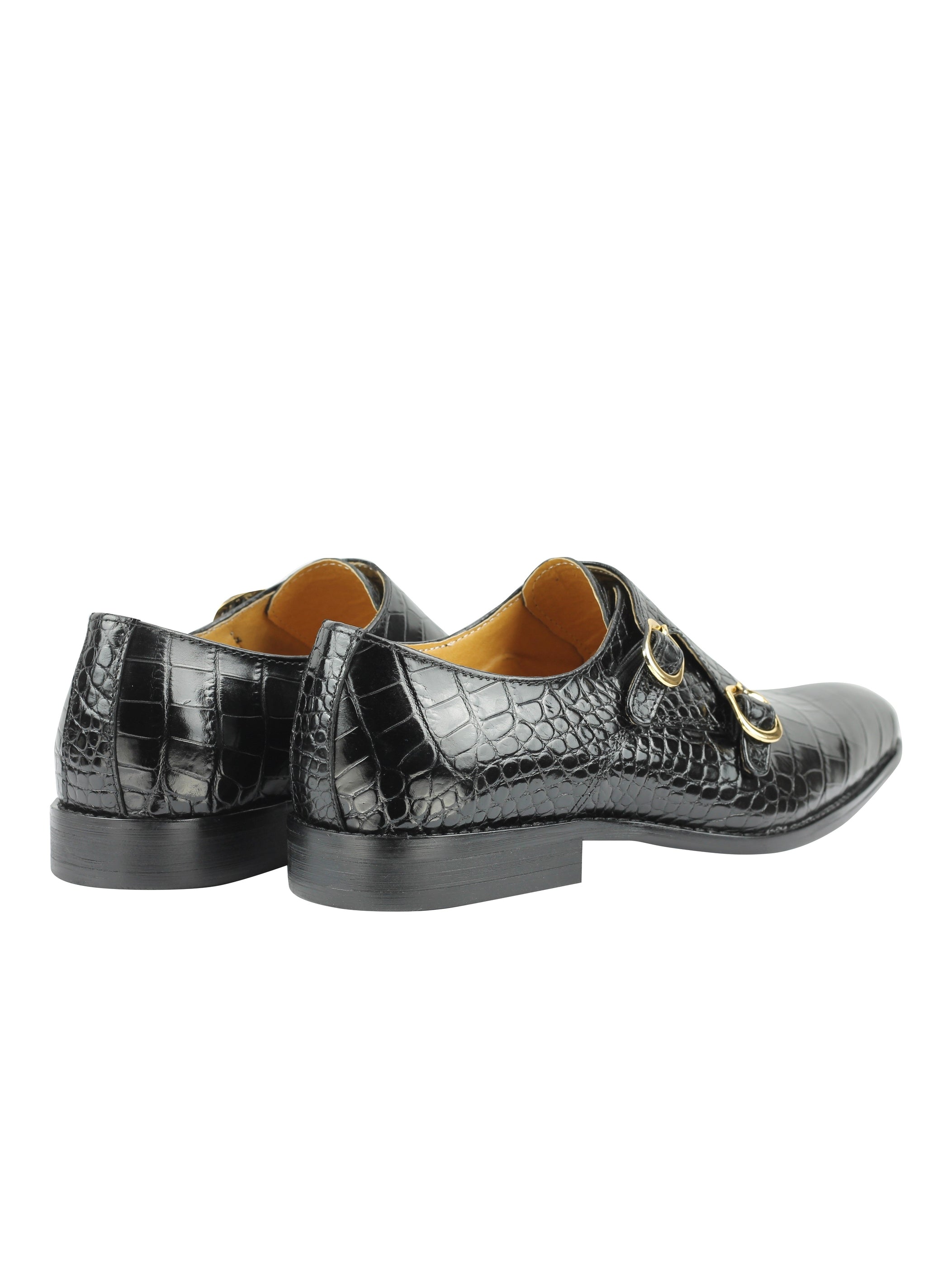 Mens Real Leather Polished Crocodile Print Black Monk Strap Loafers Formal Shoes