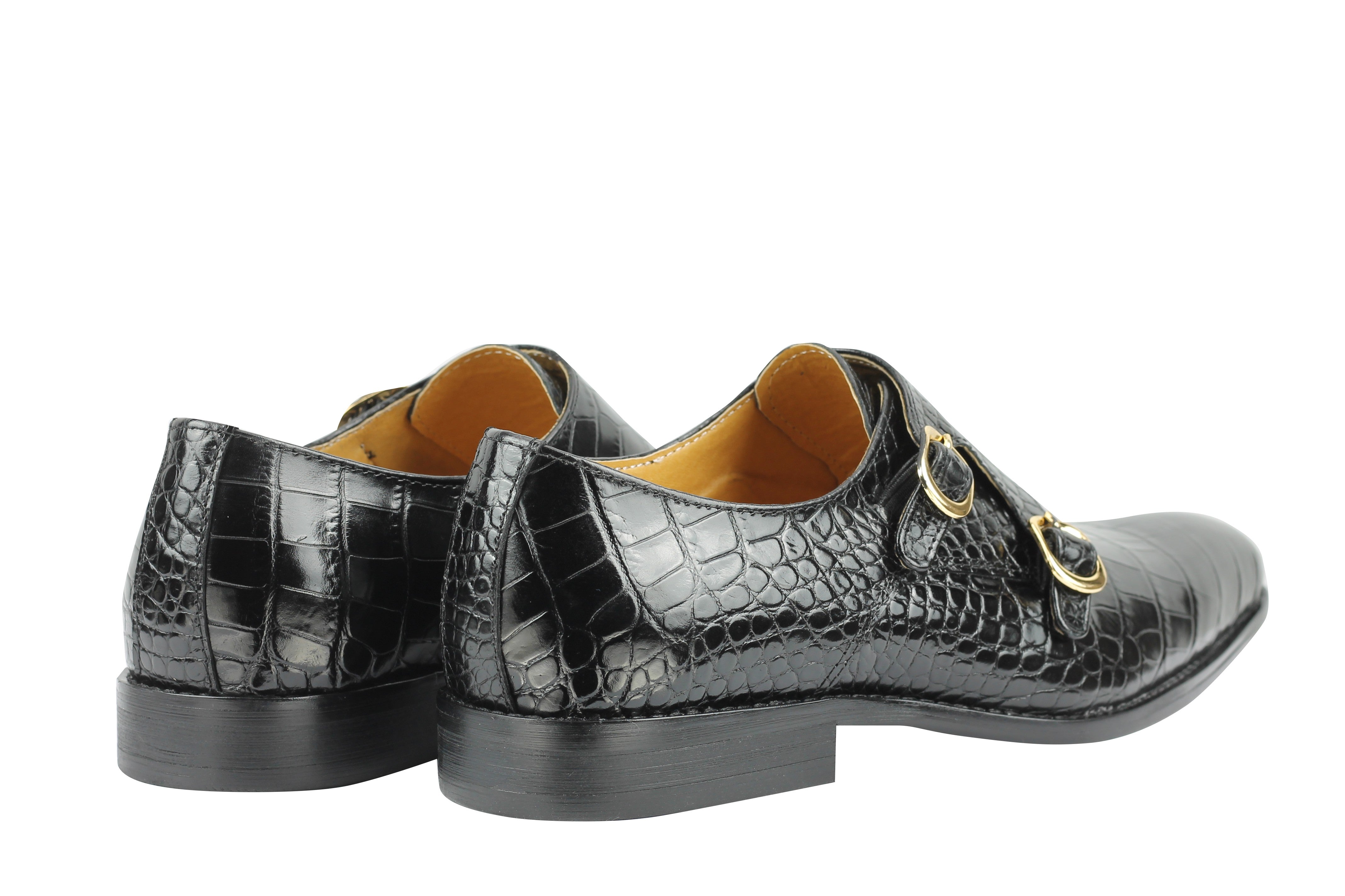 Mens Real Leather Polished Crocodile Print Black Monk Strap Loafers Formal Shoes