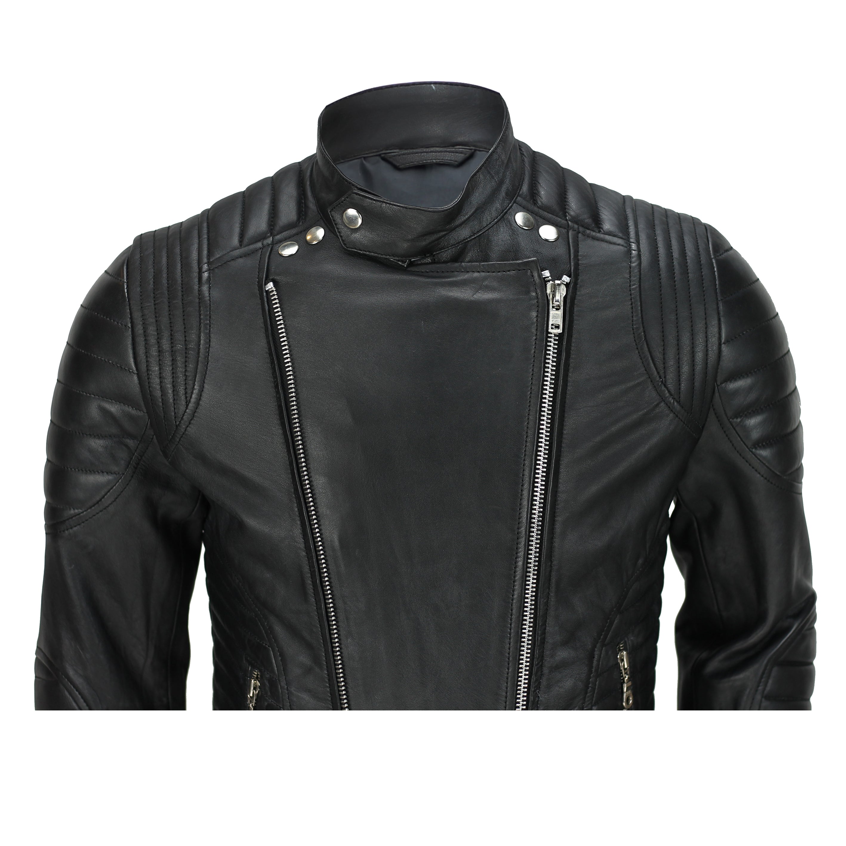 Mens Black Real Soft Leather Quilted Panel Vintage Designer Style Biker Jacket