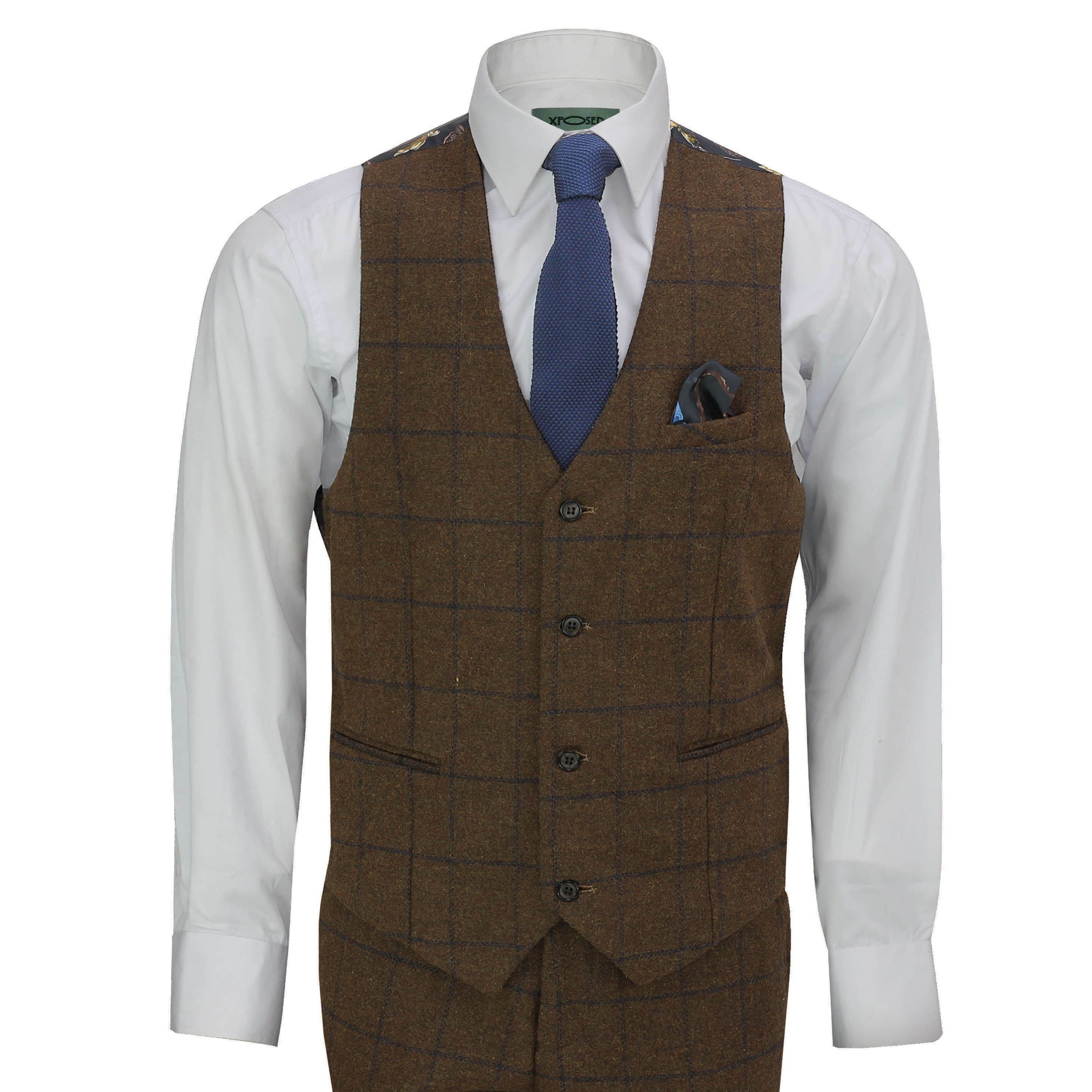 Mens Classic Tweed 3 Piece Suit Tan Brown Herringbone Check Retro Peaky Blinders