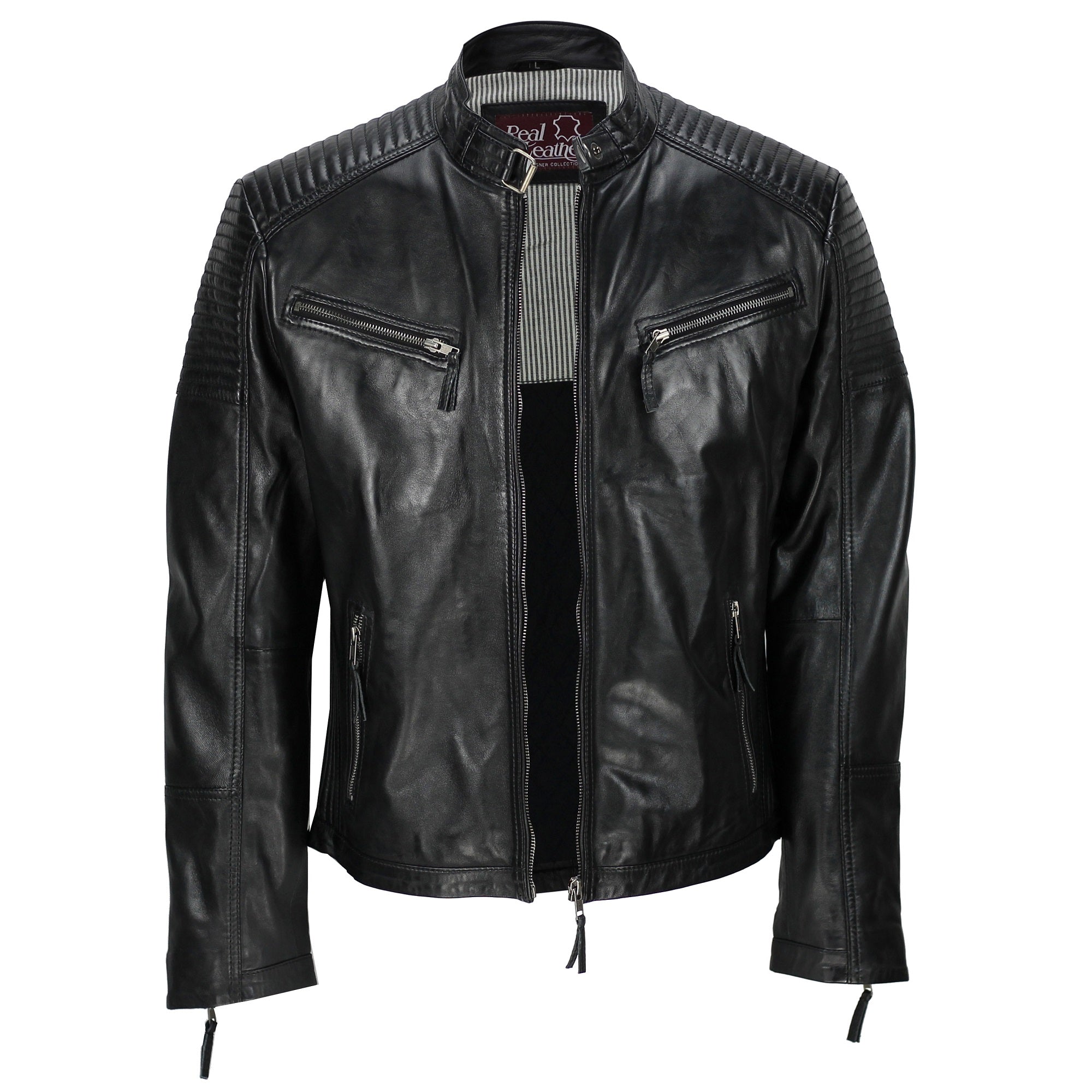 Mens New Black Real Leather Vintage Biker Style Zipped Smart Casual Retro Jacket