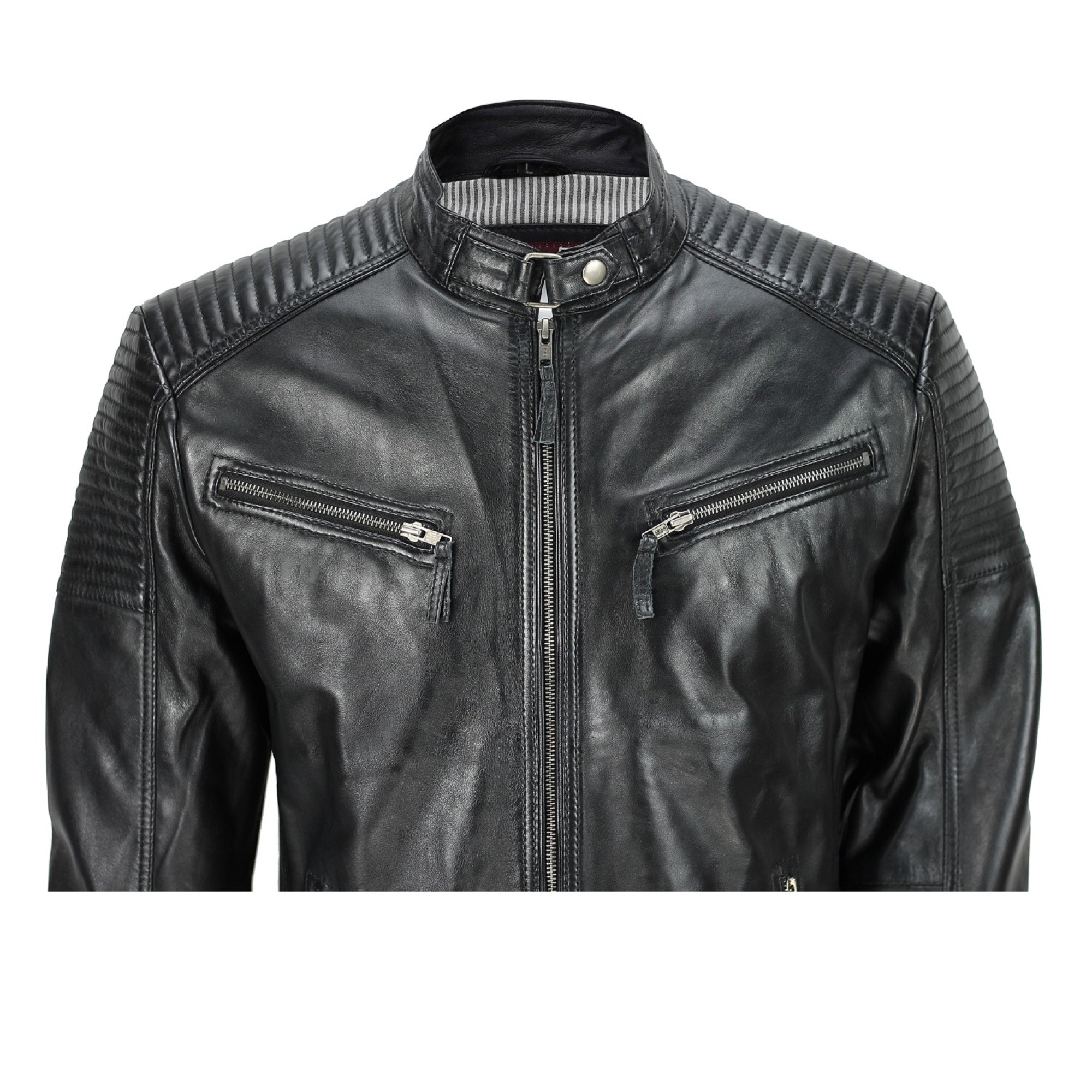 Mens New Black Real Leather Vintage Biker Style Zipped Smart Casual Retro Jacket