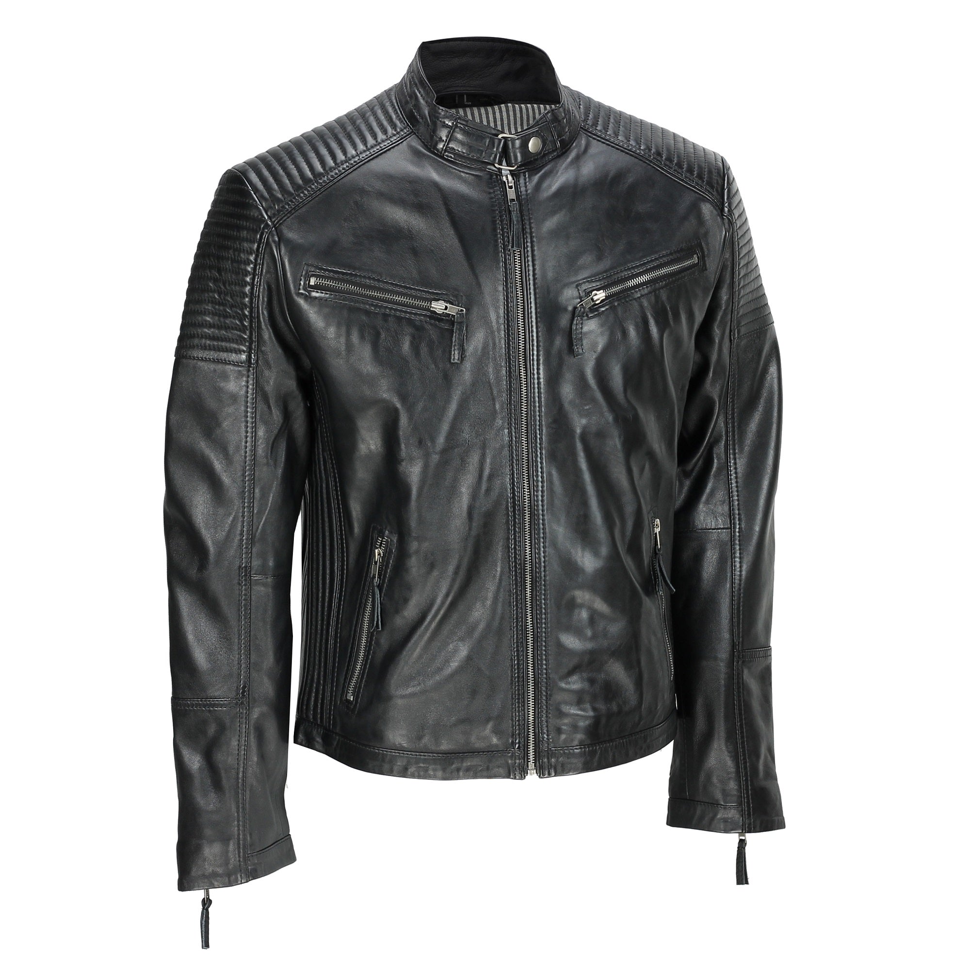 Mens New Black Real Leather Vintage Biker Style Zipped Smart Casual Retro Jacket