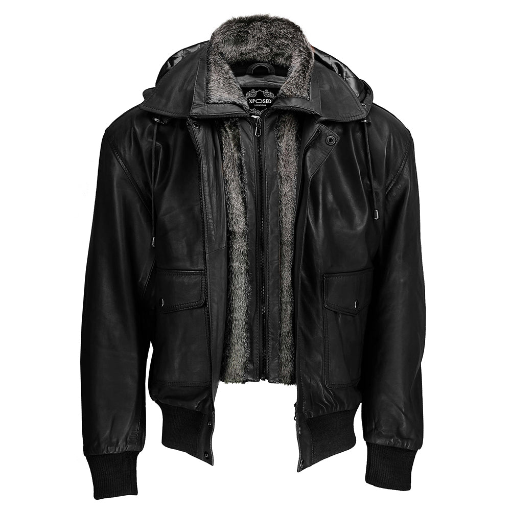 BOMBER FUR COLLAR LEATHER JACKET WITH HOOD