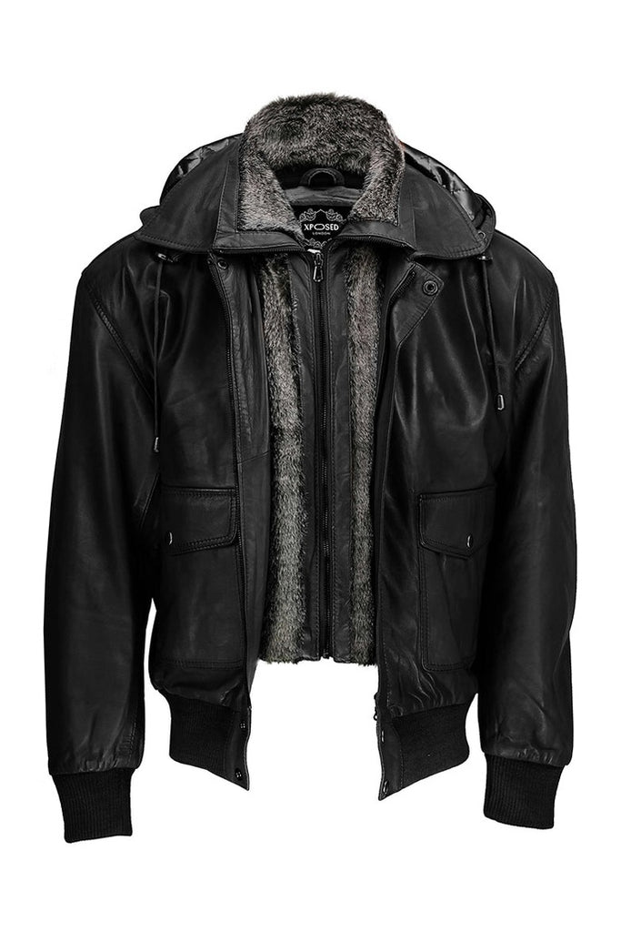 BOMBER FUR COLLAR LEATHER JACKET WITH HOOD – XPOSED
