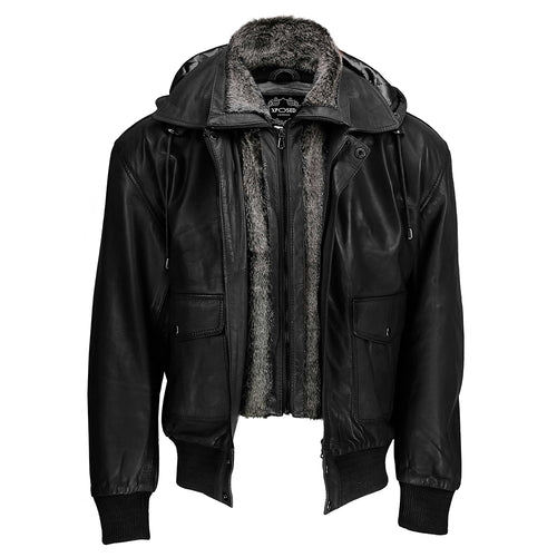 BOMBER COL FOURRURE VESTE EN CUIR AVEC CAPUCHE
