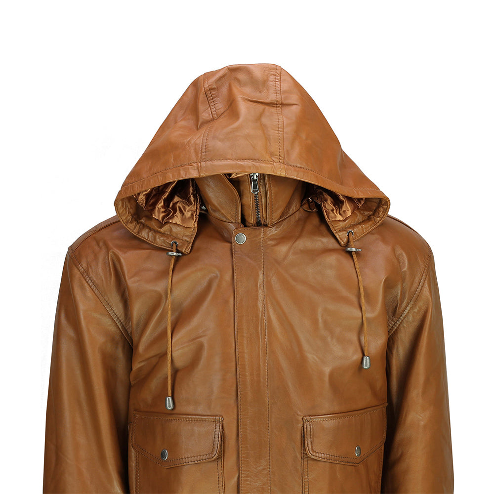 BOMBER FUR COLLAR LEATHER JACKET WITH HOOD IN TIMBER