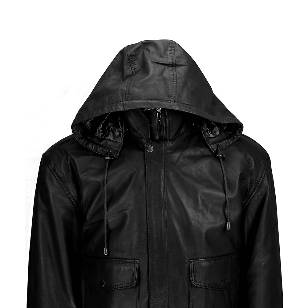 BOMBER FUR COLLAR LEATHER JACKET WITH HOOD