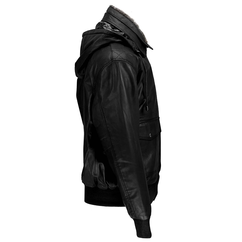 BOMBER COL FOURRURE VESTE EN CUIR AVEC CAPUCHE